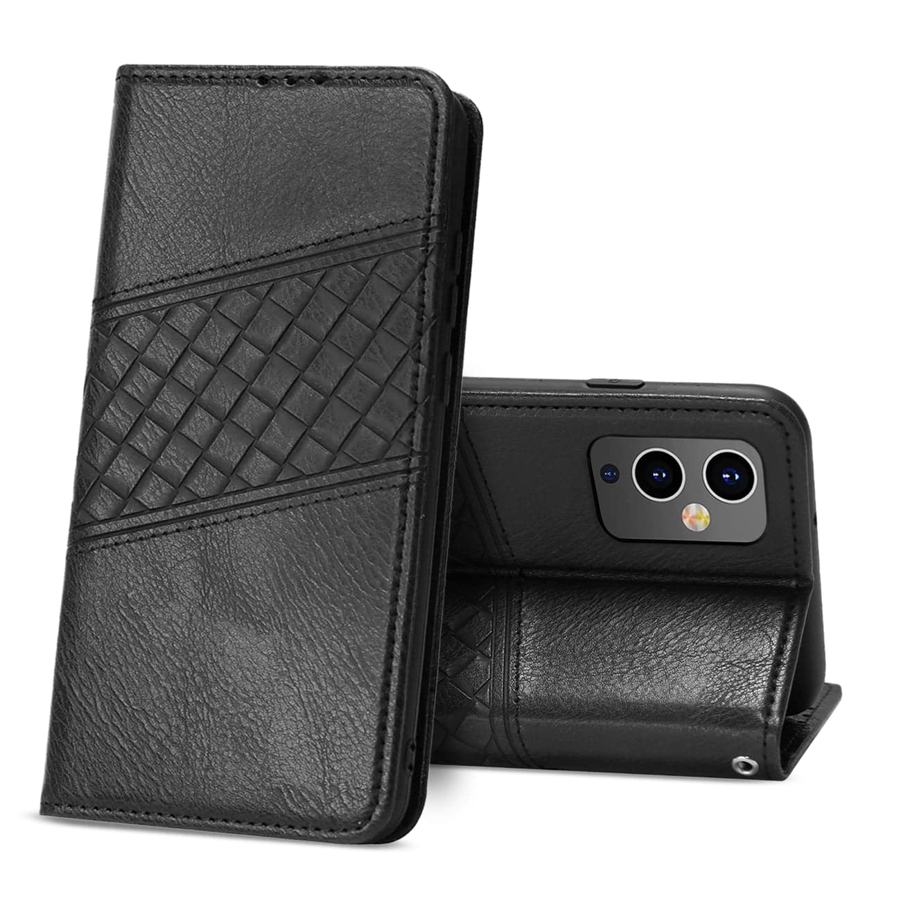 Front. Reiko - One Plus 9 5G 3-In-1 Wallet Case In Black - Black.