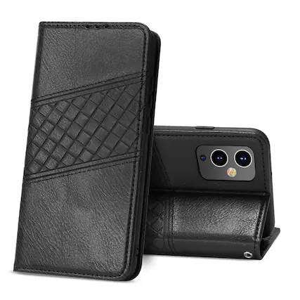 Front. Reiko - One Plus 9 5G 3-In-1 Wallet Case In Black - Black.