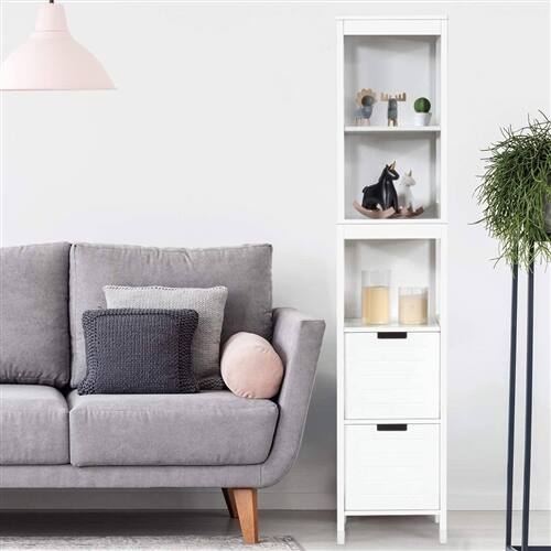 Back. SlickBlue - White Wood Bathroom Cabinet Tower with 3 Shelves and 2 Storage Drawers - White.