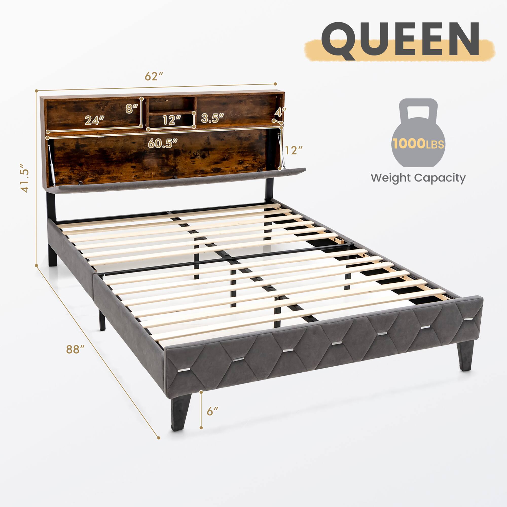 QUEEN, 62", 24", 8", 12", 3.5", 4", 41.5", 60.5", 12", 1000LBS Weight Capacity, 88", 6"