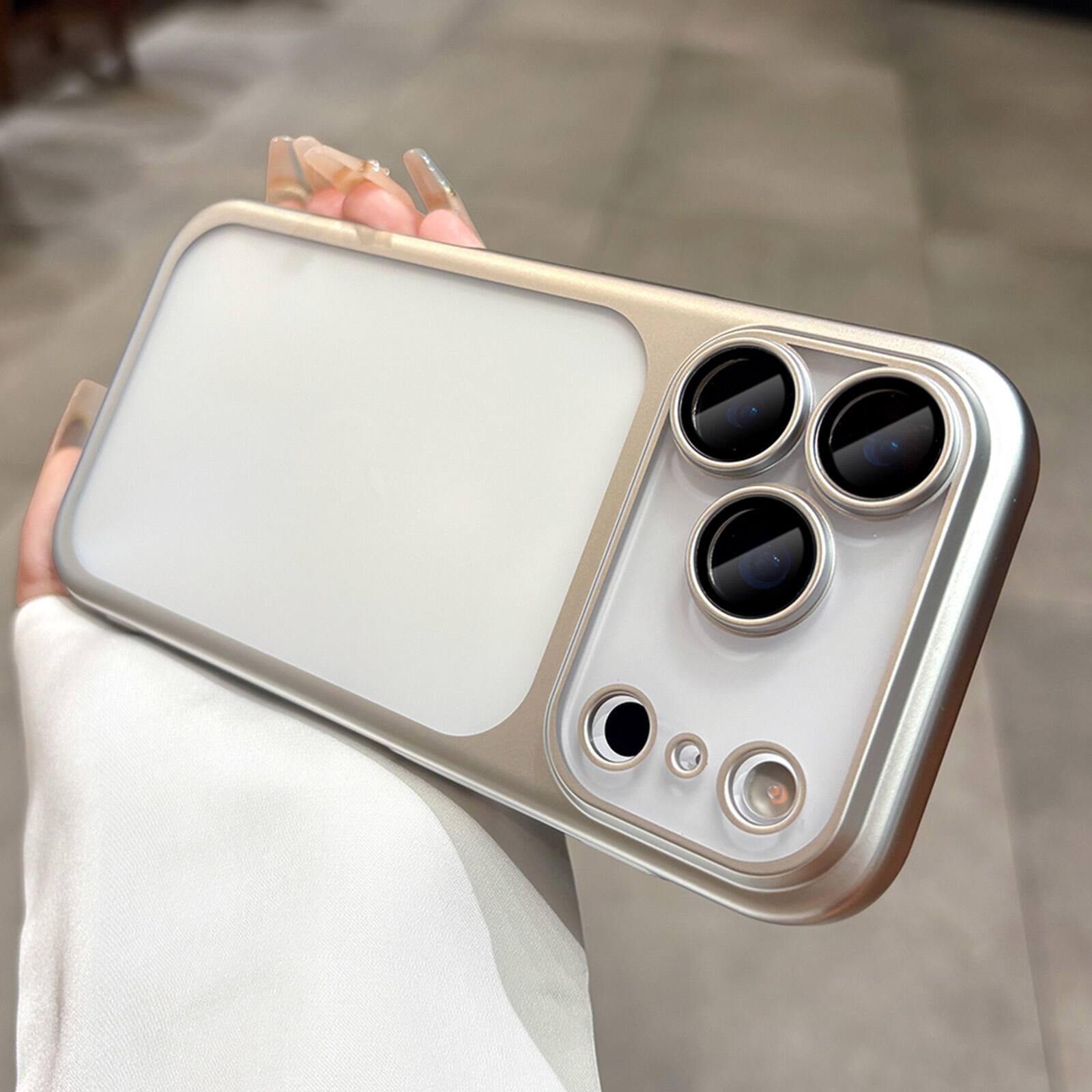 Angle. Dteck - Plating Matte Case For Apple iPhone 18 Pro with Camera Lens Screen Protector, Shockproof Frosted Translucent Cover - Silver.