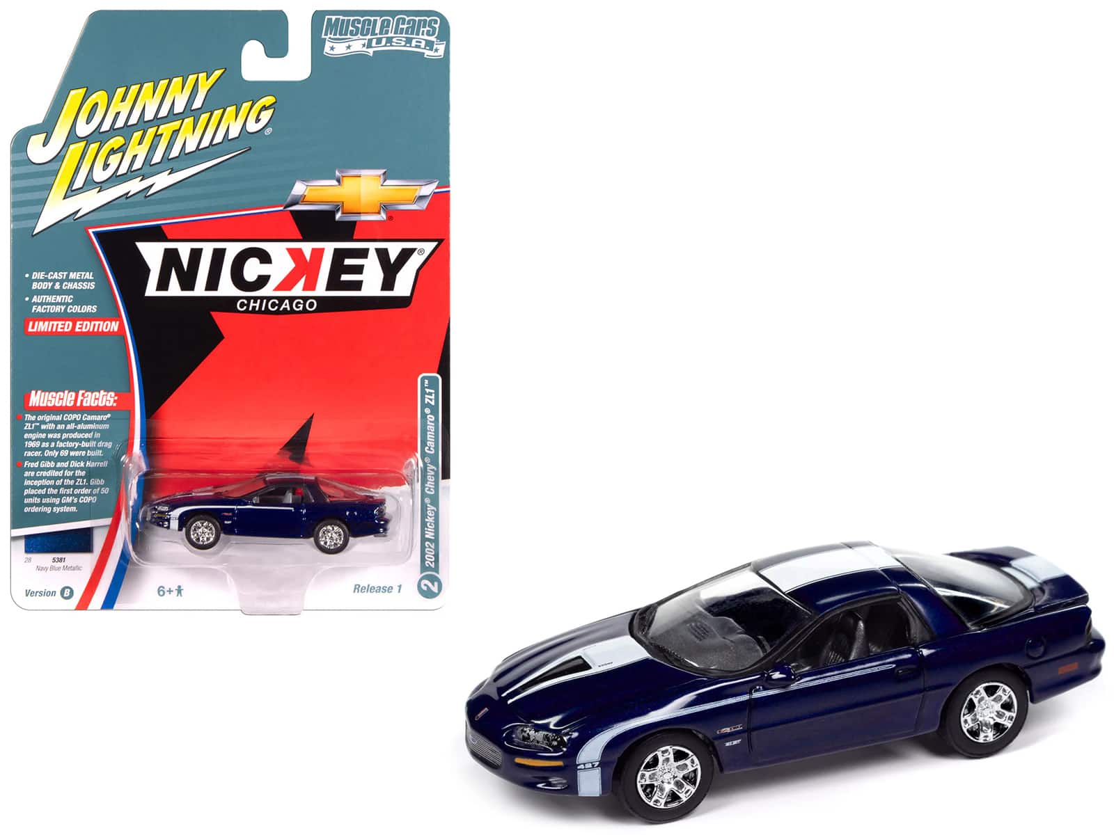 2002 Chevrolet Nickey Camaro ZL1 Navy Blue Metallic with White Stripes 1/64 Diecast Model Car by Johnny Lightning price history on PriceWatchPro