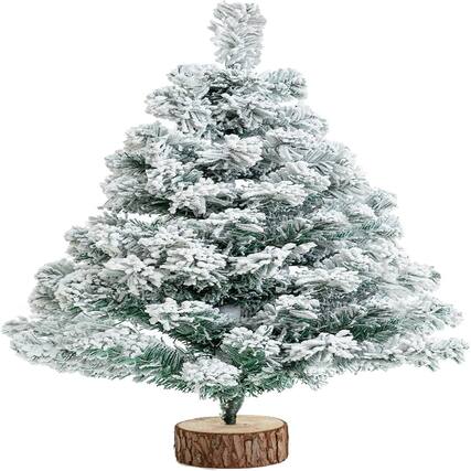 Front. RTMB - “2 Ft Snow-Flocked Green Tabletop Christmas Tree with Wooden Stand” - Green.