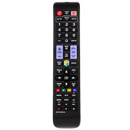 SOURCE - A M WATCH SET UP TV DEVICE 1 4 7 - 2 5 8 0 3 6 9 PRE-CH + VOL MUTE 4 CH LIST CH MENU 0 SEARCH TOOLS INFO I RETURN EXIT - A Family Story C MTS D aP SRS SUPPORT P.SIZE " CC AA59-00652A