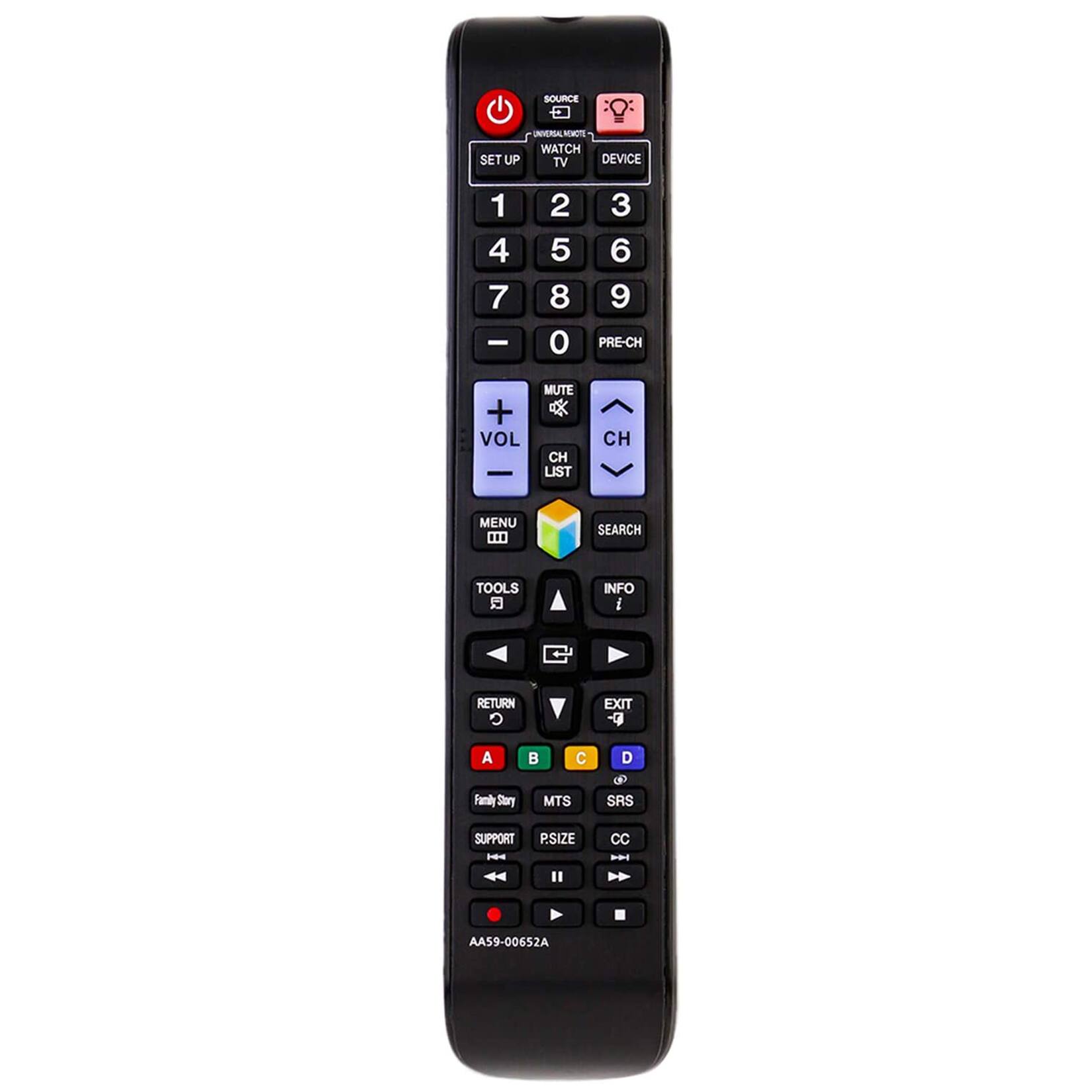 SOURCE - A M WATCH SET UP TV DEVICE 1 4 7 - 2 5 8 0 3 6 9 PRE-CH + VOL MUTE 4 CH LIST CH MENU 0 SEARCH TOOLS INFO I RETURN EXIT - A Family Story C MTS D aP SRS SUPPORT P.SIZE " CC AA59-00652A