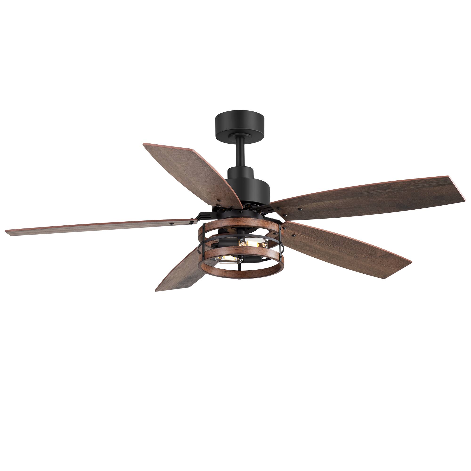 Angle. Breezary - 52'' Walnut Wood Indoor Ceiling Fan with Two-Tier Iron-Ring Lantern Shade, Timer, DC Motor, Remote & 6″ Downrod - Matte Black and Brown.