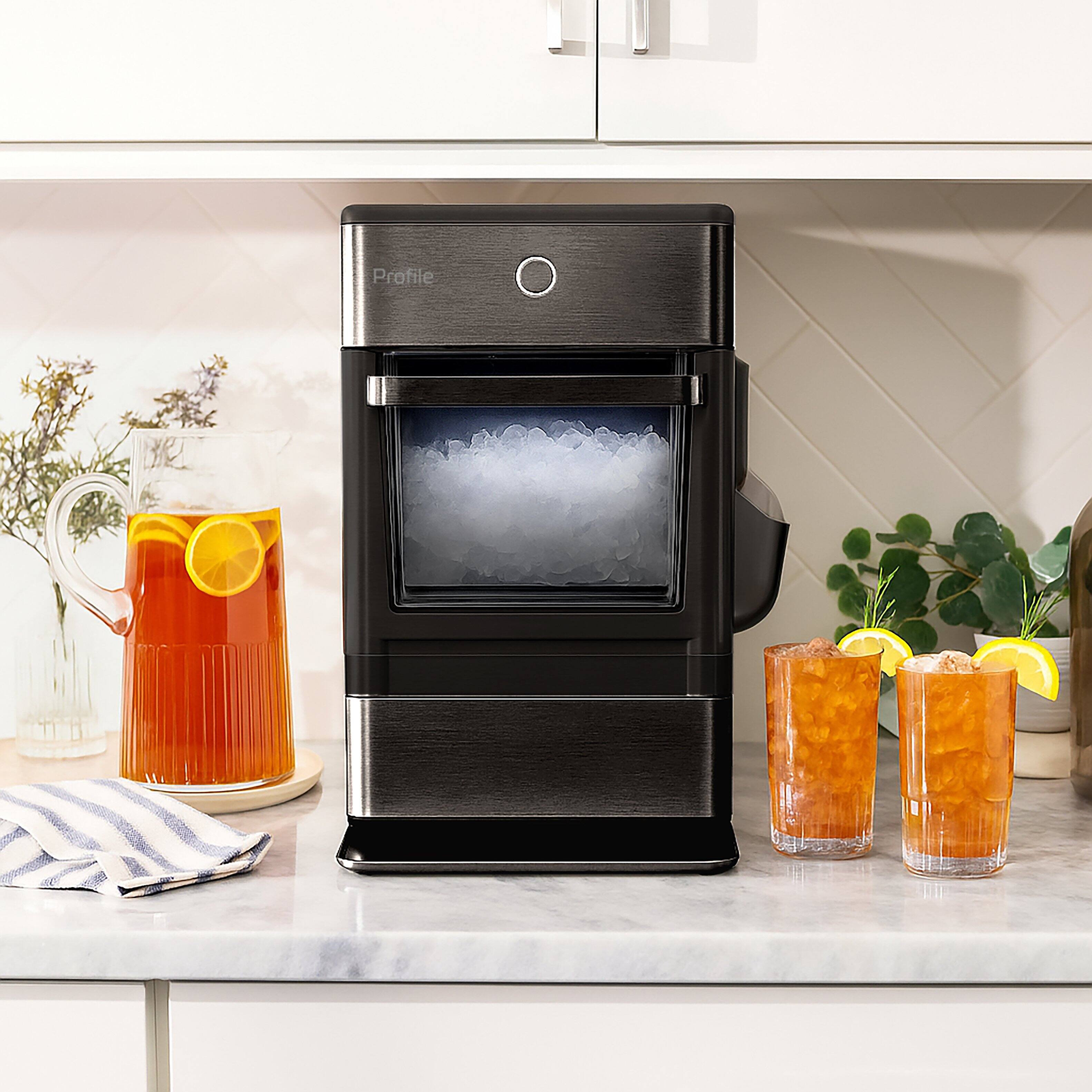 Left. GE Profile - Opal Nugget Ice Maker with Rapid Ice Production - Black Stainless Steel.