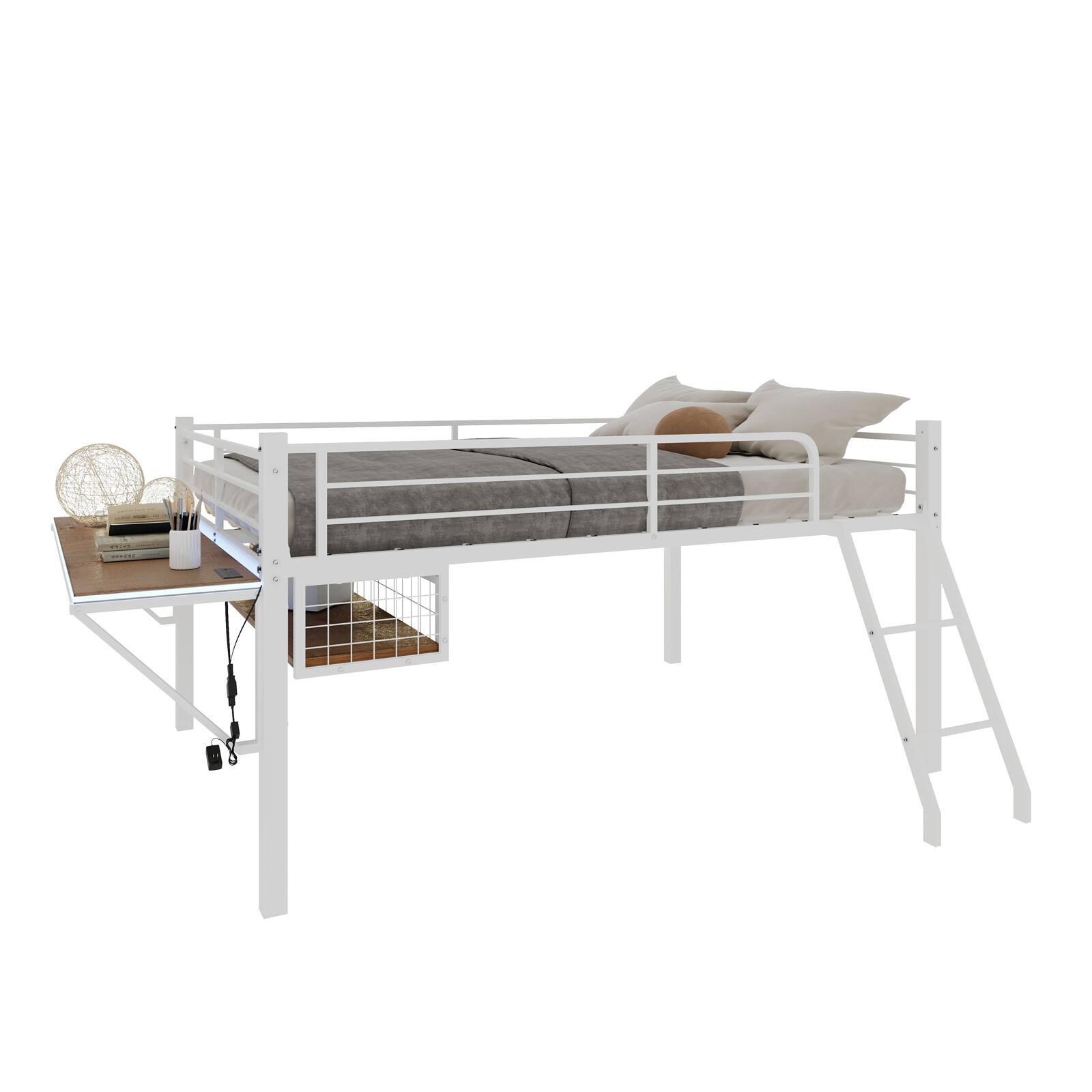 Alt View 8. Loheer - Loheer Full Size Metal Loft Bed with Desk White Loft Bed Frame with LED Lights and Guardrails No Box Spring Needed - White.
