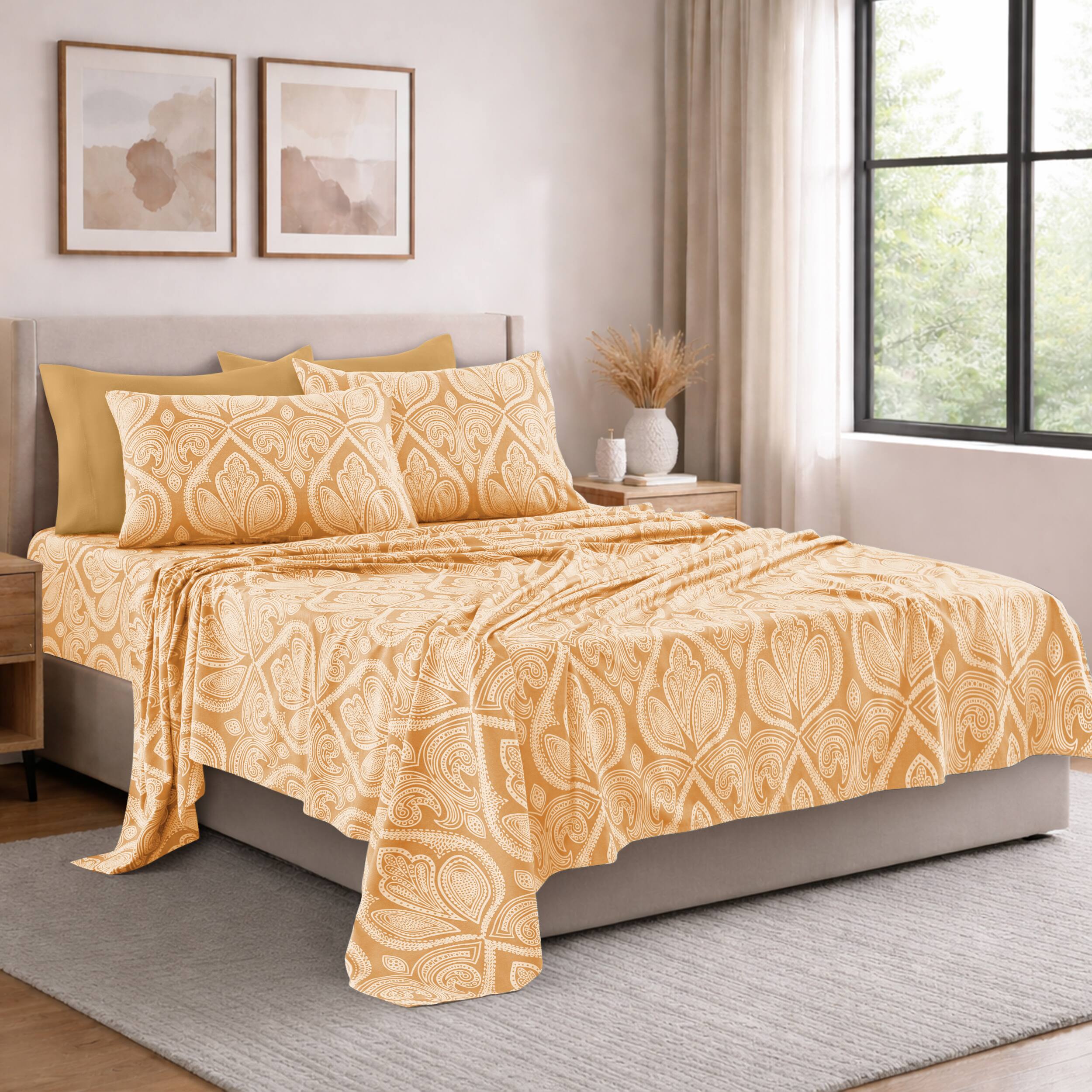 Angle. Lux Decor Collection - Lux Decor Collection 6-Piece Queen Sheet Set, Paisley Design Brushed Microfiber Deep Pocket Sheets - Taupe.