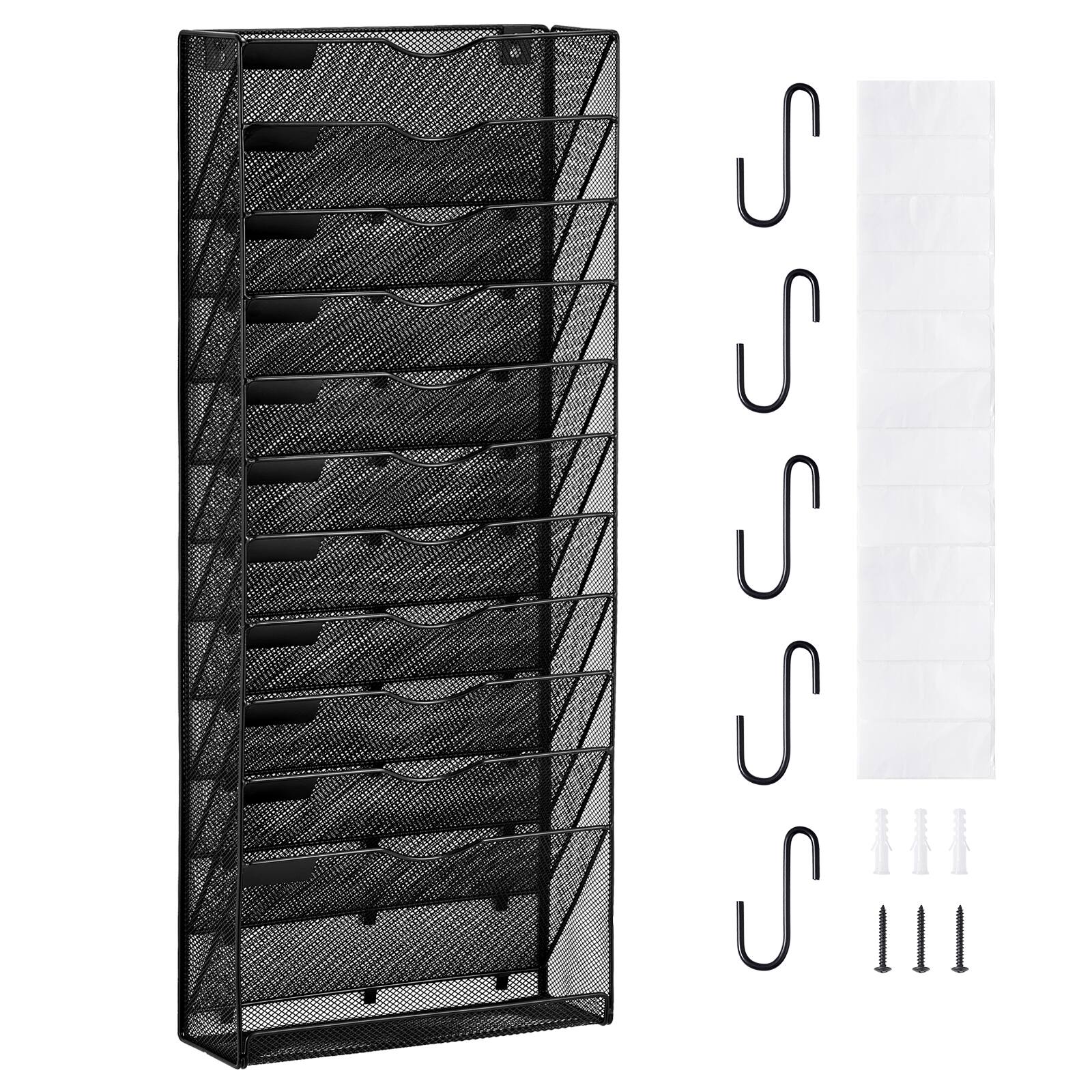 Front. VEVOR - File Wall Rack, One-Piece 12 Pockets Mesh Wall File Holder, Wall Mounted Magazine Mail Paper & Document Storage Folder - Black.