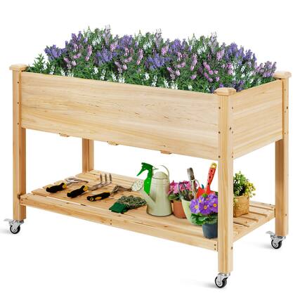 Front. Costway - Raised Garden Bed Wood Elevated Planter Bed w/Lockable Wheels Shelf & Liner - Natural.