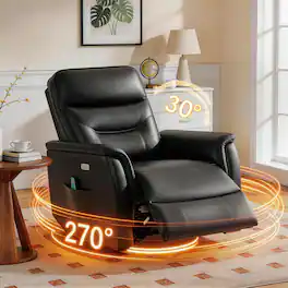 KERDOM - Swivel Powered Recliner Armchair with Heat and Massage, USB Charge Port, Side Pockets, PU Leather Glider Rocking Chair - Black