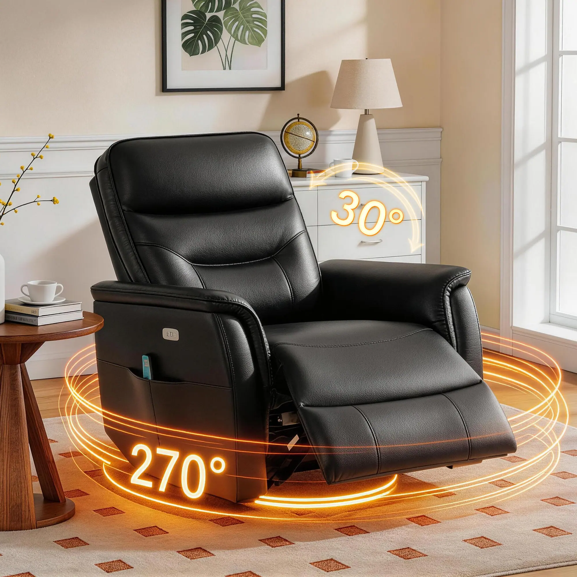 KERDOM - Swivel Powered Recliner Armchair with Heat and Massage, USB Charge Port, Side Pockets, PU Leather Glider Rocking Chair - Black