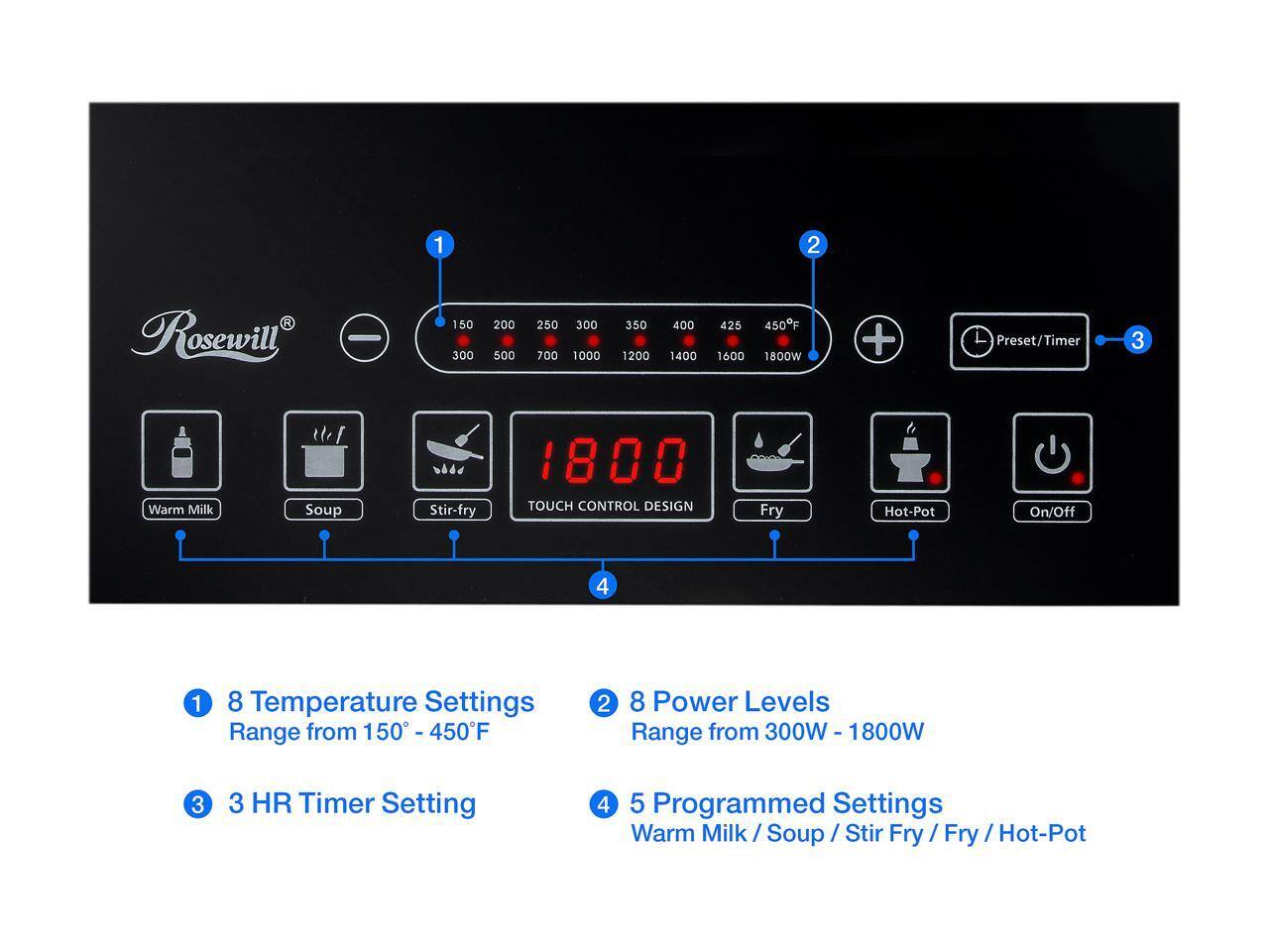 1. Rosewill
2. 150 300 200 500 250 700 300 1000 350 1200 400 1400 425 1600 450F 1800W
3. Preset/Timer
4. Warm Milk Soup Stir-fry
5. 1800 TOUCH CONTROL DESIGN
6. Fry Hot-Pot On/Off
7. 8 Temperature Settings Range from 150 - 450F
8. 8 Power Levels Range from 300W - 1800W
9. 3 HR Timer Setting
10. 5 Programmed Settings Warm Milk / Soup / Stir Fry / Fry / Hot-Pot
