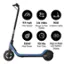 The text on the image is grouped and corrected as follows:

- 9.9 mph Max Speed
- 5.6 miles Range at Max Speed
- 16 mph RGB Range at Max Ambient Lights Speed
- 130W Max Power
- 70 Min Run Time
- Easy to Read LED Battery Display