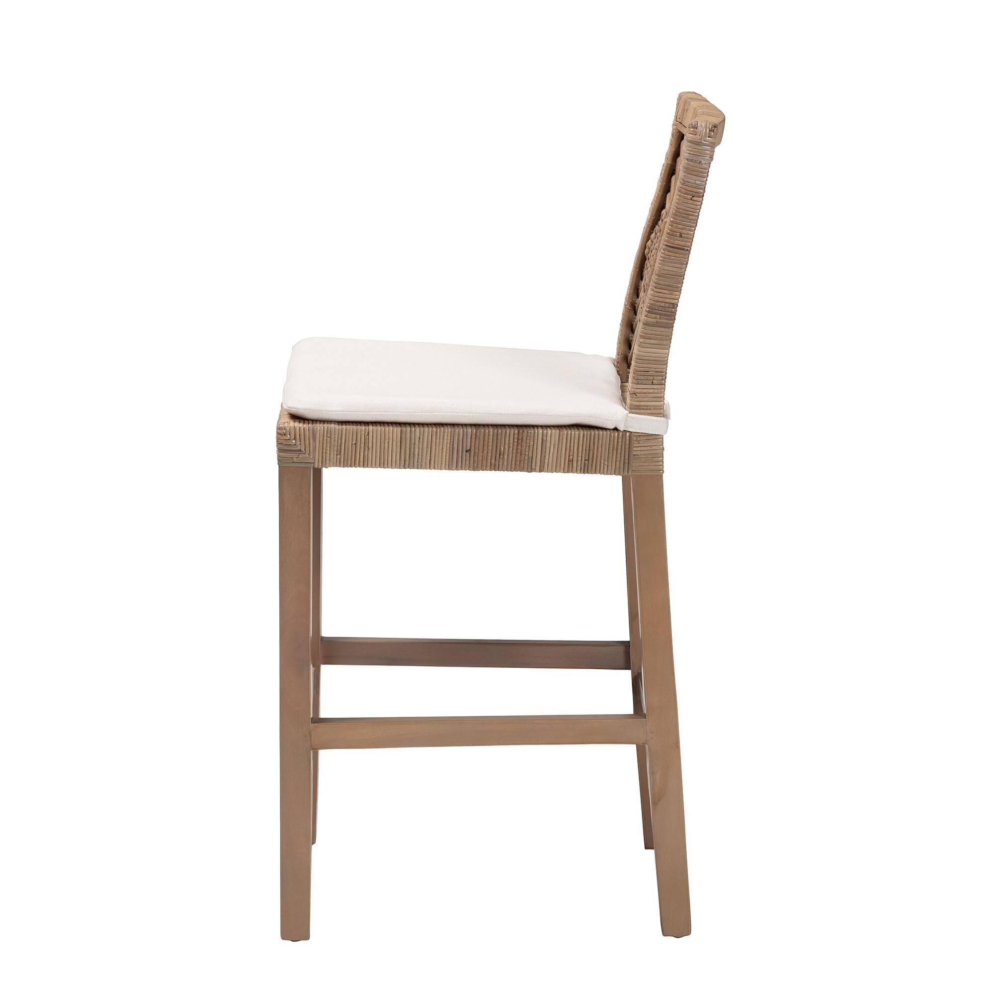 Left. bali & pari - Poltak Modern Bohemian Natural Kubu Rattan and Mahogany Wood Counter Stool - Kubu Grey/Rustic Taupe.