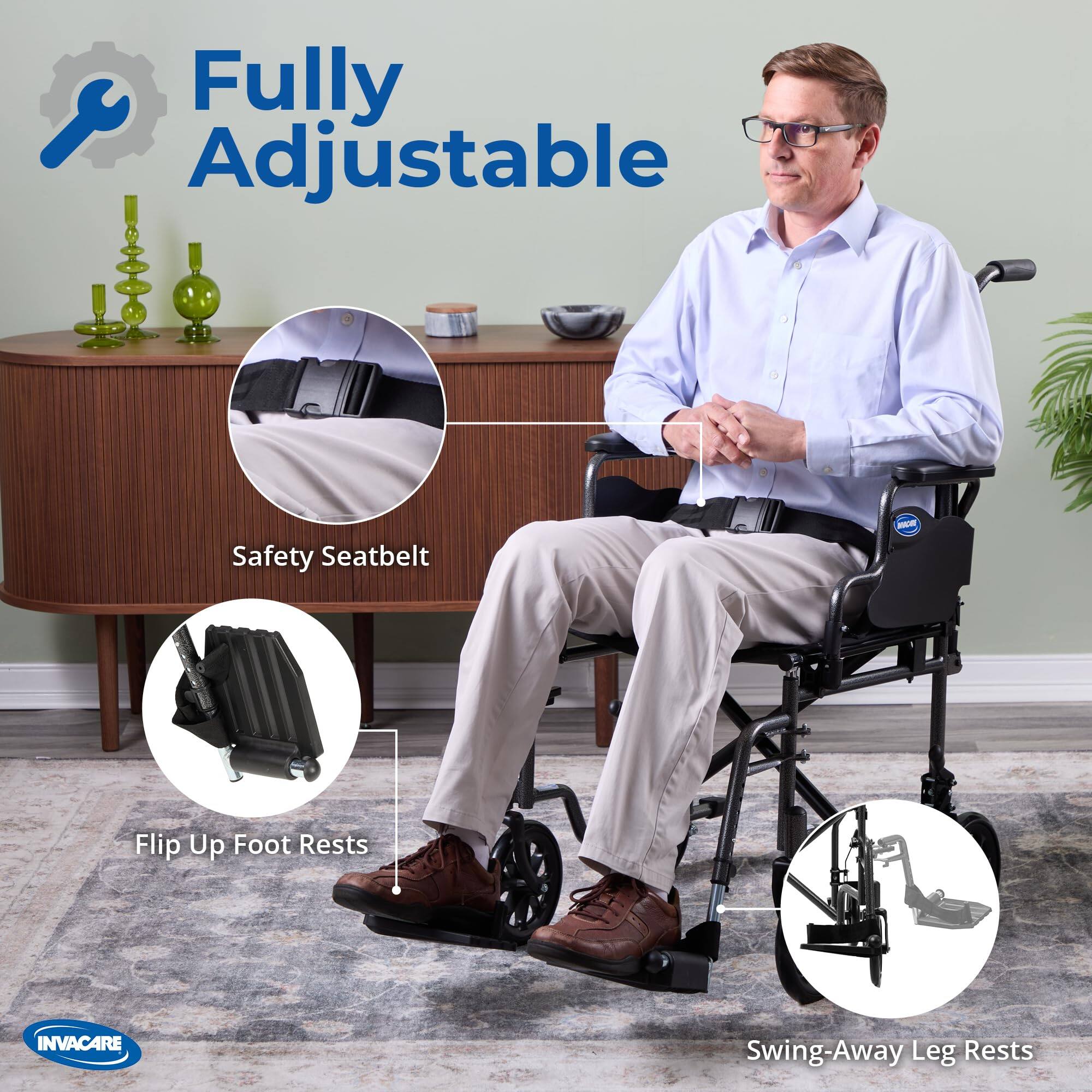 Fully Adjustable Safety Seatbelt - W Flip Up Foot Rests - INVACARE Swing-Away Leg Rests