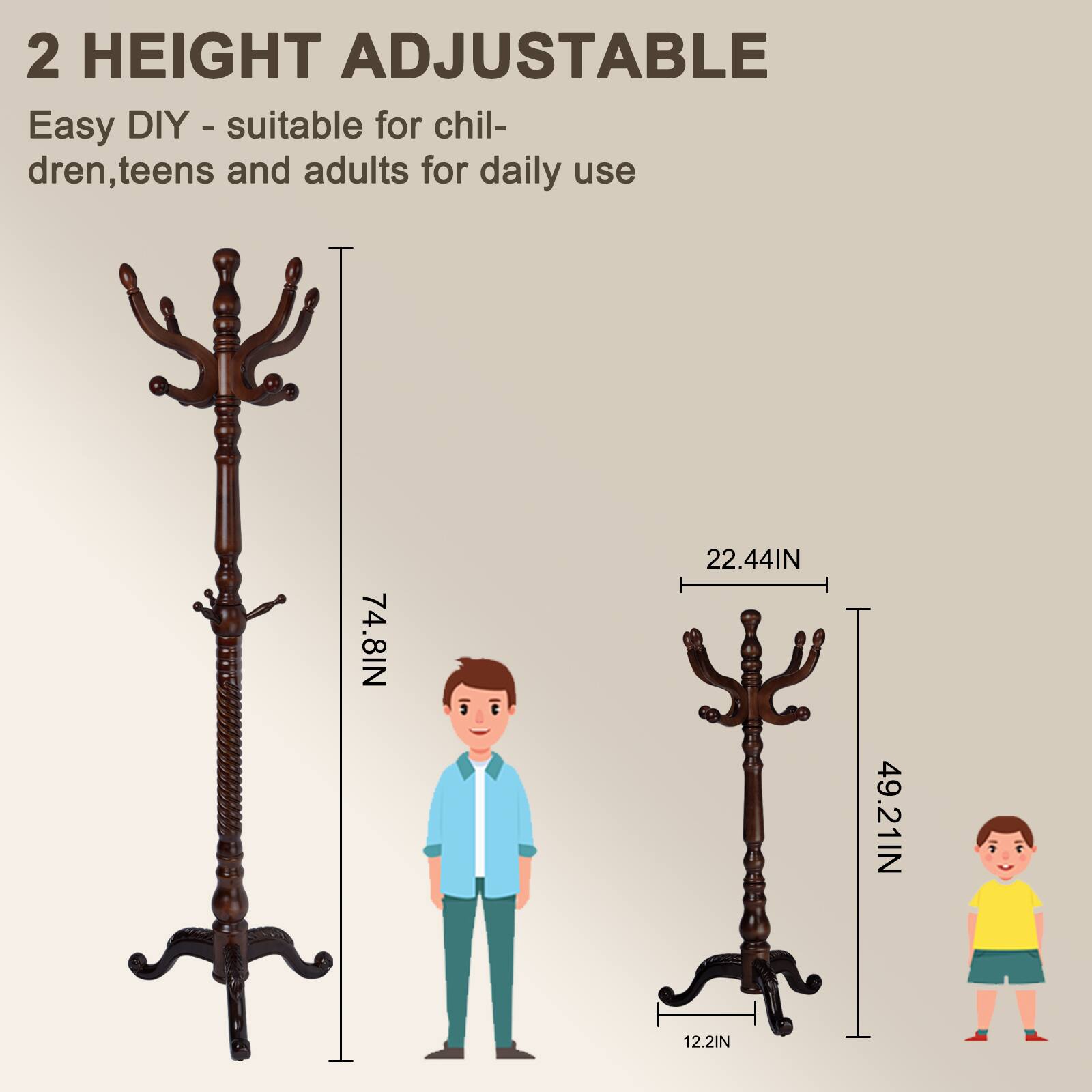 Alt View 4. Chateau Abodes - Solid Wood Coat Rack, Free Standing Hall Coat Tree with 11Hooks, 2 Height Options, 270lbs Load, Stury Base - Dark Brown - Tri-legged.