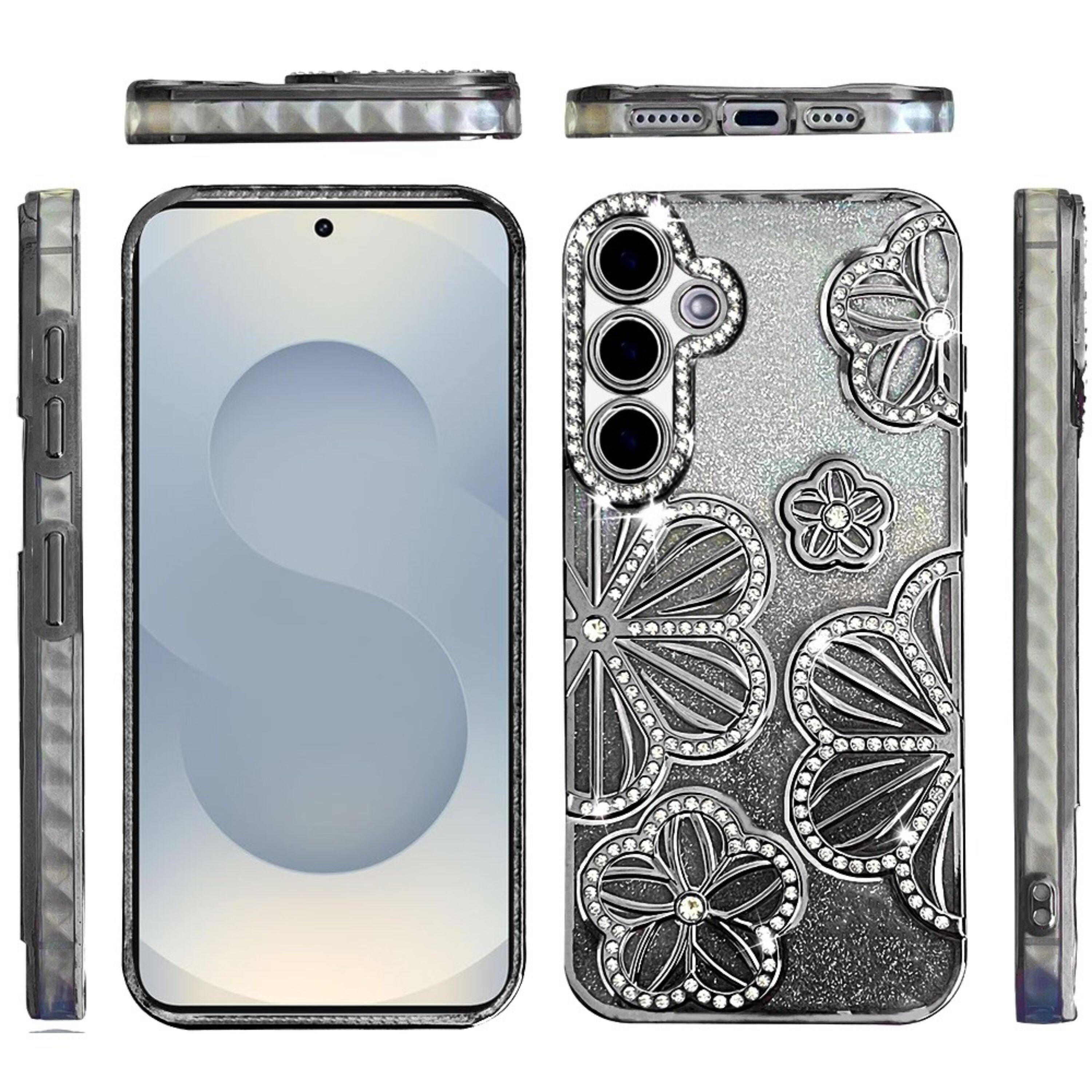 Left. Kitcheniva - 3D Floral Glitter Bling Case With Tempered Glass For Samsung S26 Plus Black - Black.