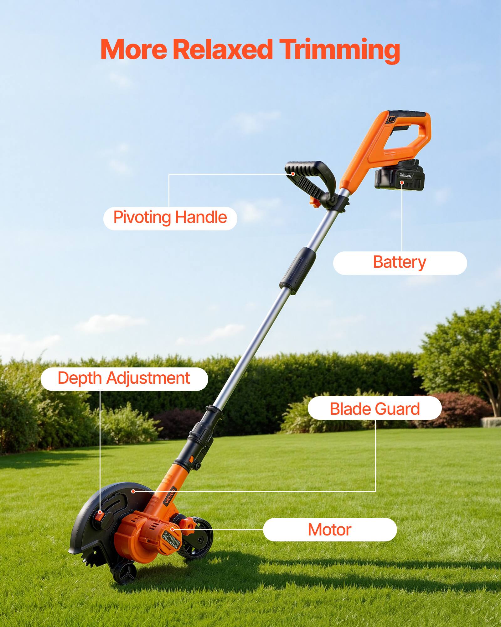 More Relaxed Trimming

- Pivoting Handle
- Battery
- Depth Adjustment
- Blade Guard
- Motor