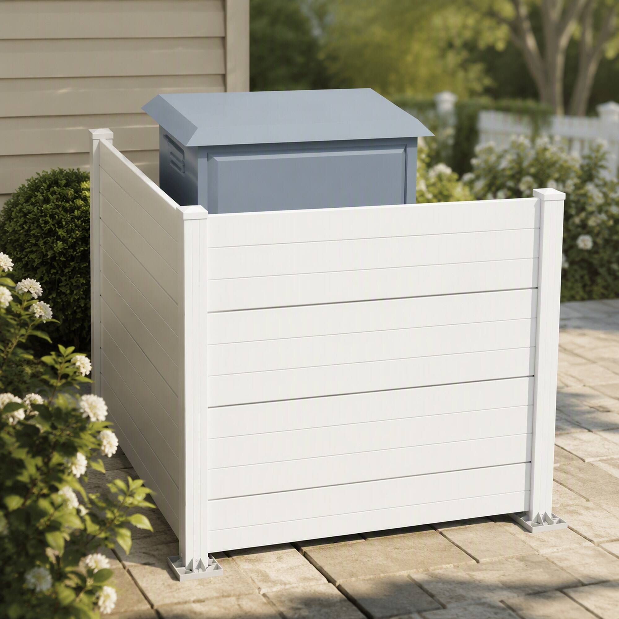 Front. RYHNUYNE - 2-Panel Outdoor Privacy Screen in White with Aluminum Posts for Air Conditioner, Trash Can, or Garden Enclosure - White.