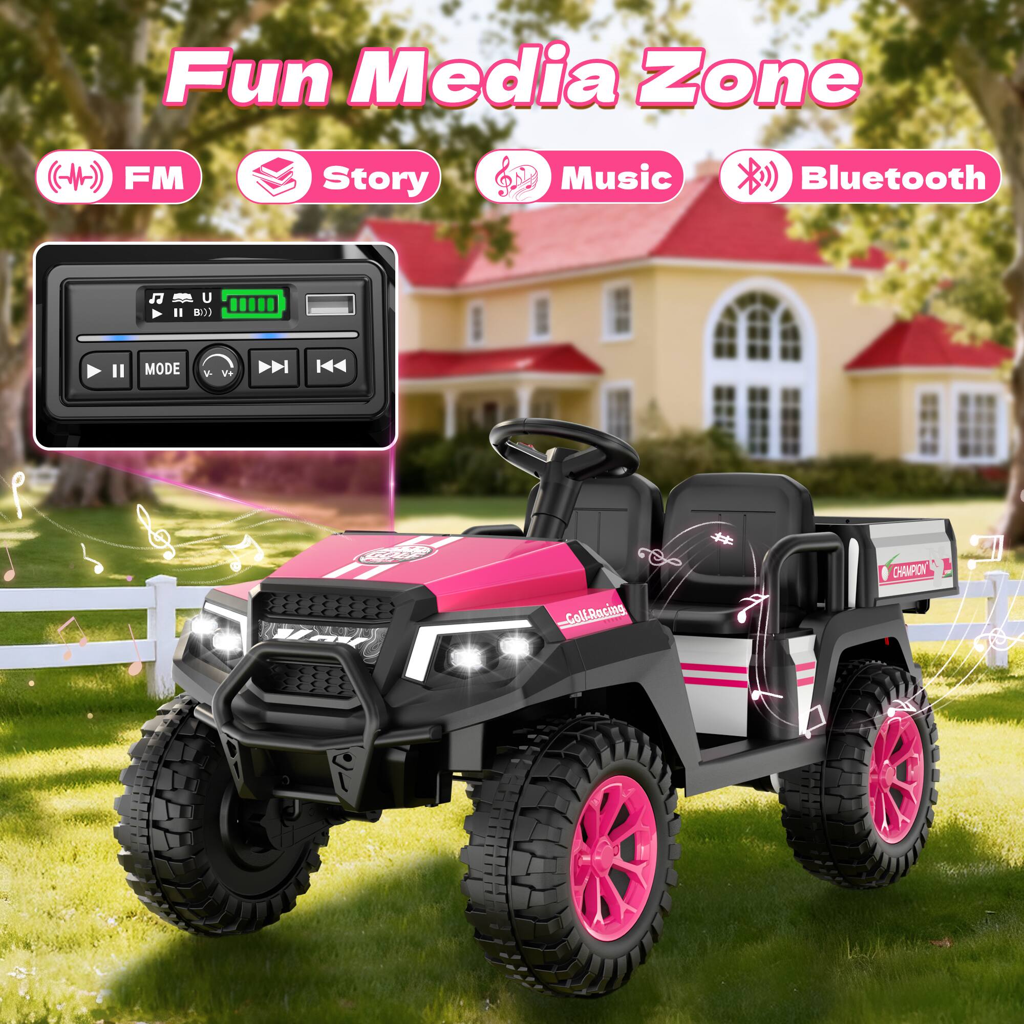 Fun Media Zone  
FM  
Story  
Music  
Bluetooth  
II  
U B)))  
Il  
MODE  
V-  
V+  
GolfRacing  
CHAMPION