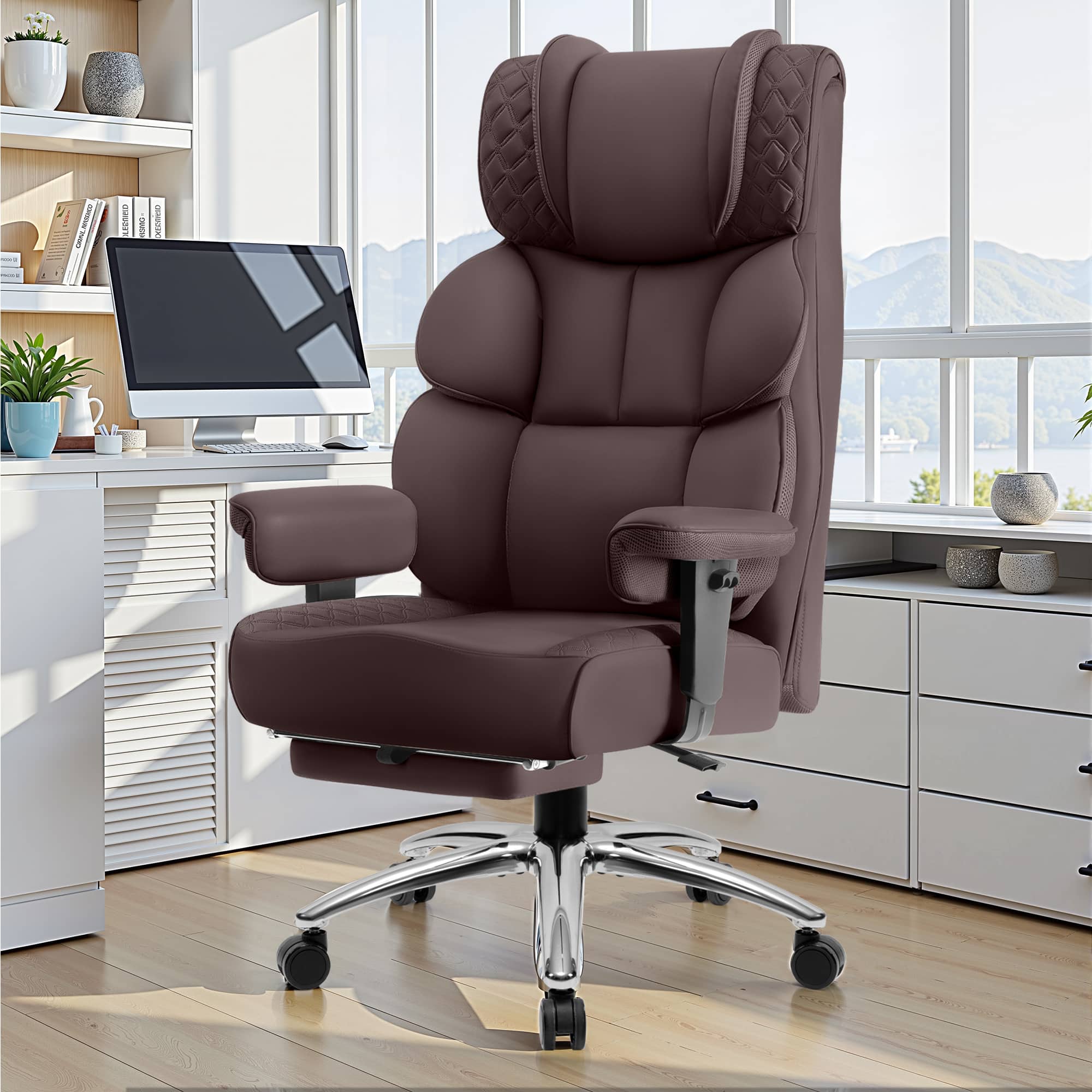 Front. Brick Attic - Big and Tall Ergonomic Office Chair, Wide Executive Leather Reclining Gaming Chair with Footrest, Coffee - Coffee Brown.
