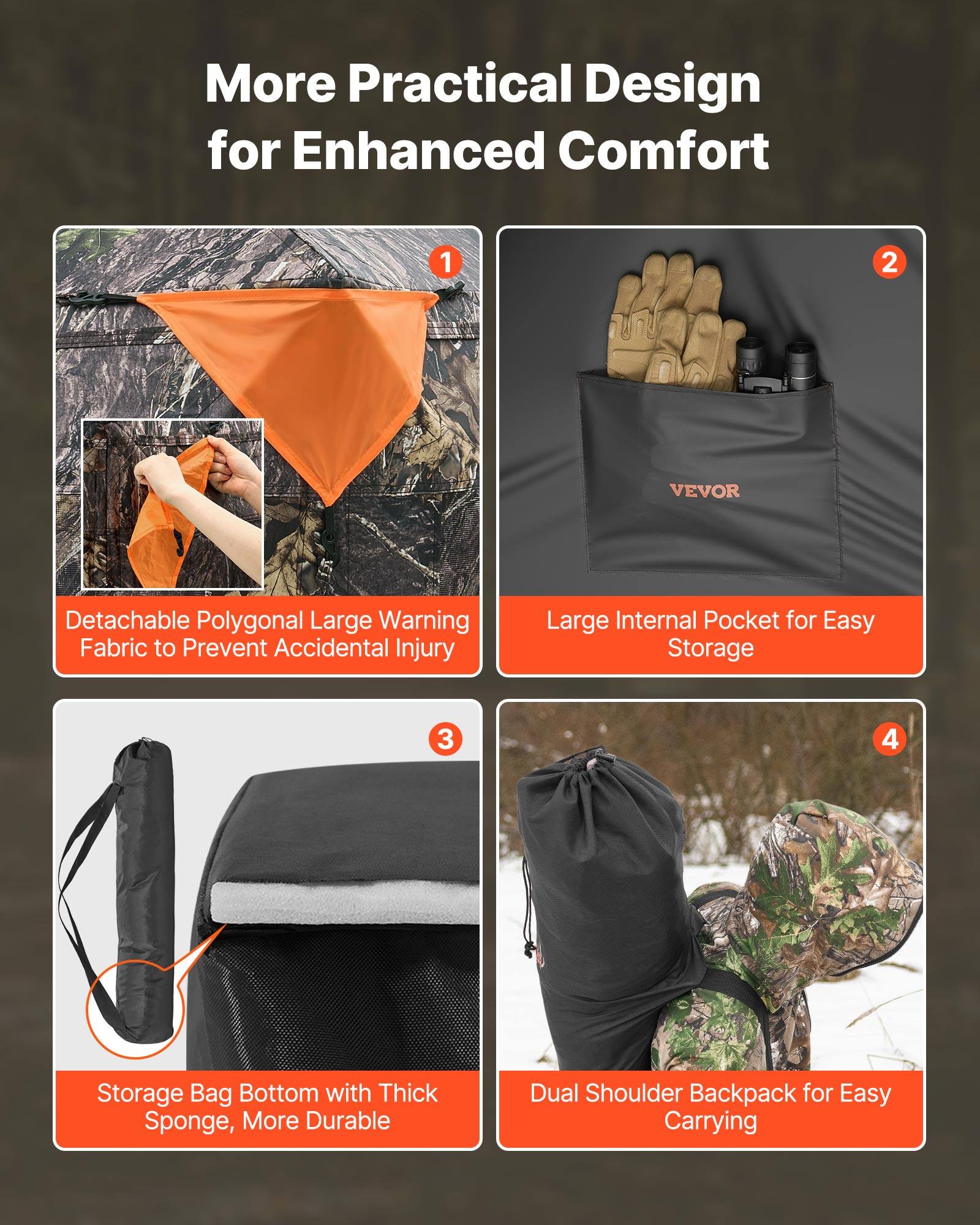 More Practical Design for Enhanced Comfort

1. Detachable Polygonal Large Warning Fabric to Prevent Accidental Injury
2. Large Internal Pocket for Easy Storage
3. Storage Bag Bottom with Thick Sponge, More Durable
4. Dual Shoulder Backpack for Easy Carrying
