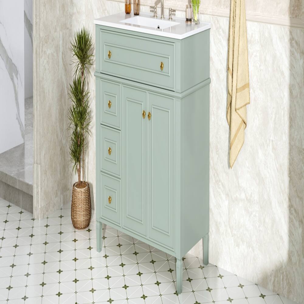 Left. Loheer - Loheer 36 Inch Bathroom Vanity with Sink, Green Solid Wood Cabinet, Flip-Out Drawer & Gold Handles - Green.
