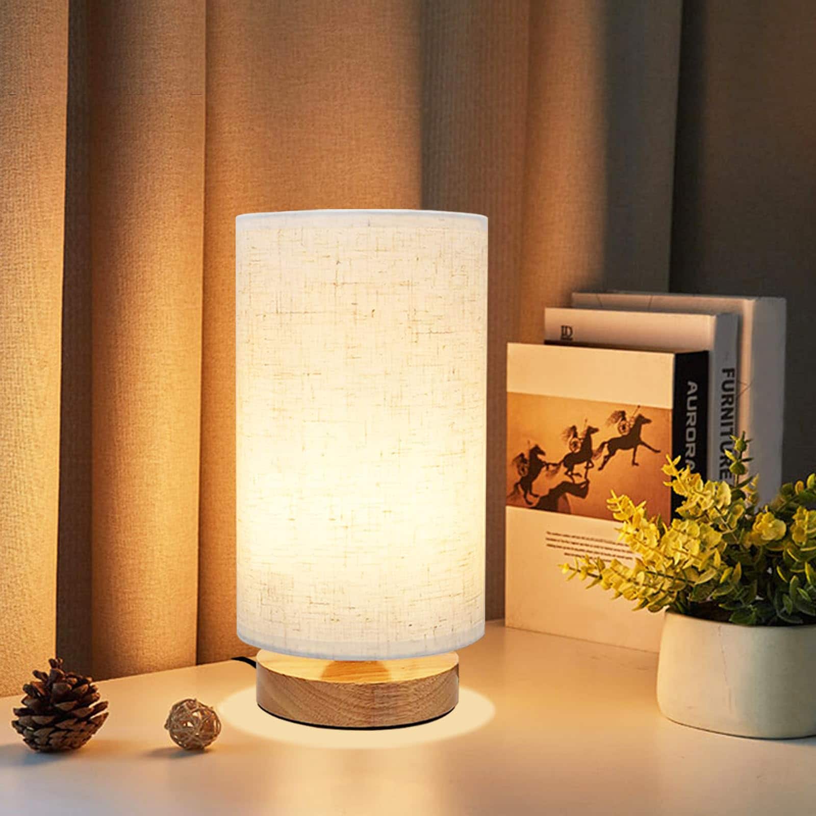 Dazzling Pops - Rechargeable Cordless Touch Table Lamp Stepless Dimming Natural Wood Base Linen Shade Battery Wireless - Round - Set of 1