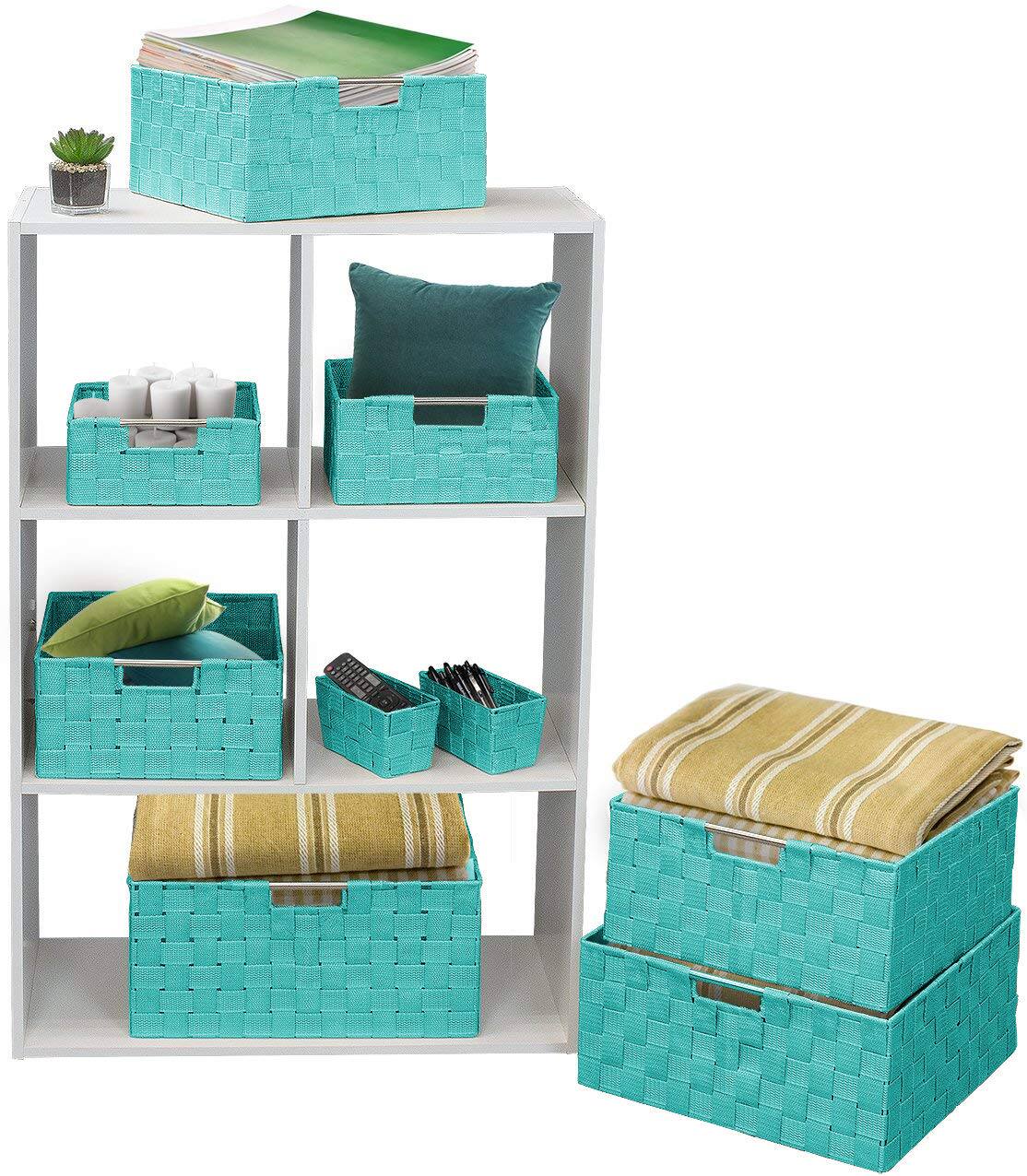 Angle. Sorbus - Weave Basket Bin Set Double Woven (9 Pack) - Blue.