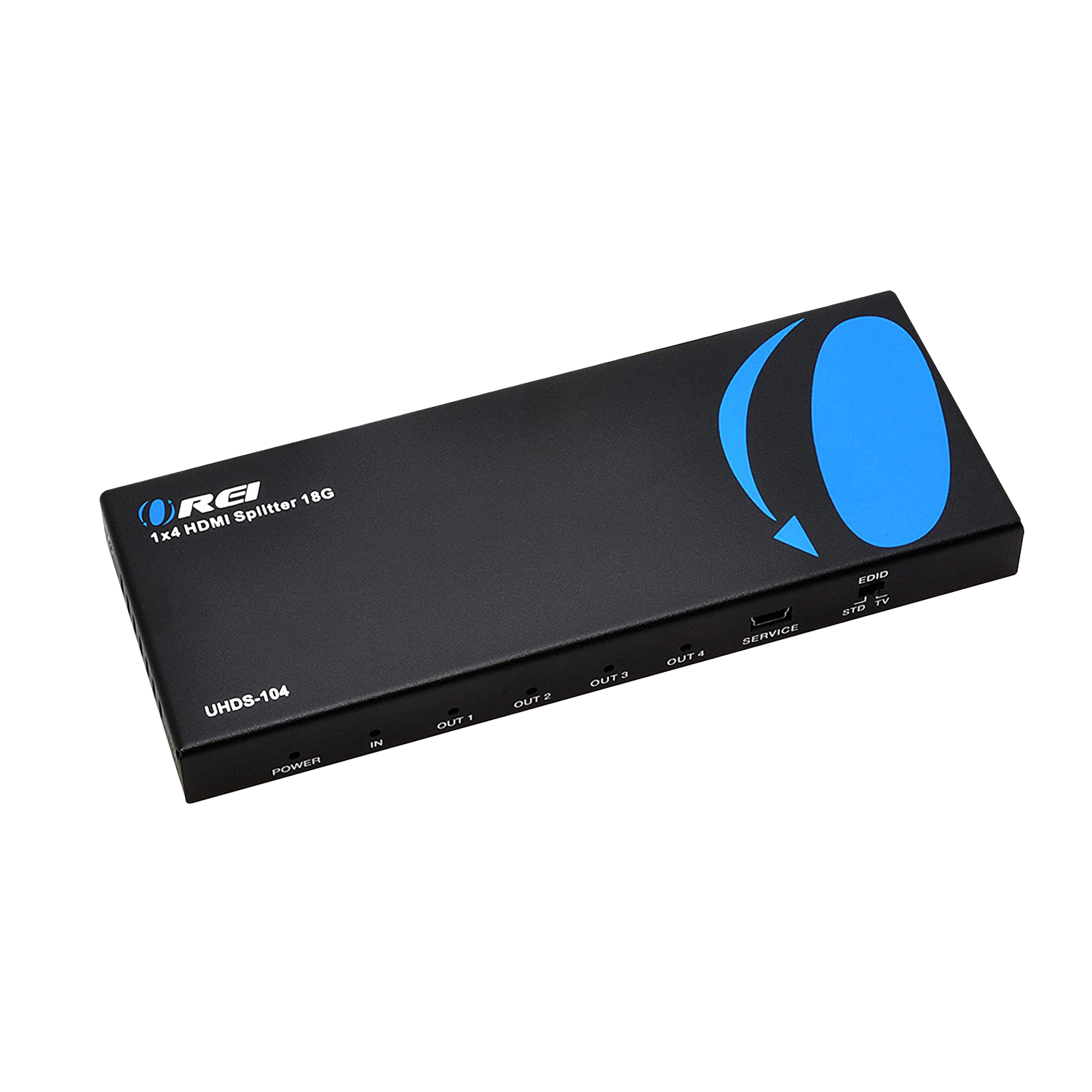 The corrected text is:

"REI 18G HDMI Splitter 1x4 UHD-104 POWER IN 1 OUT 2 OUT 3 OUT 4 OUT SERVICE EDID 15 STO"