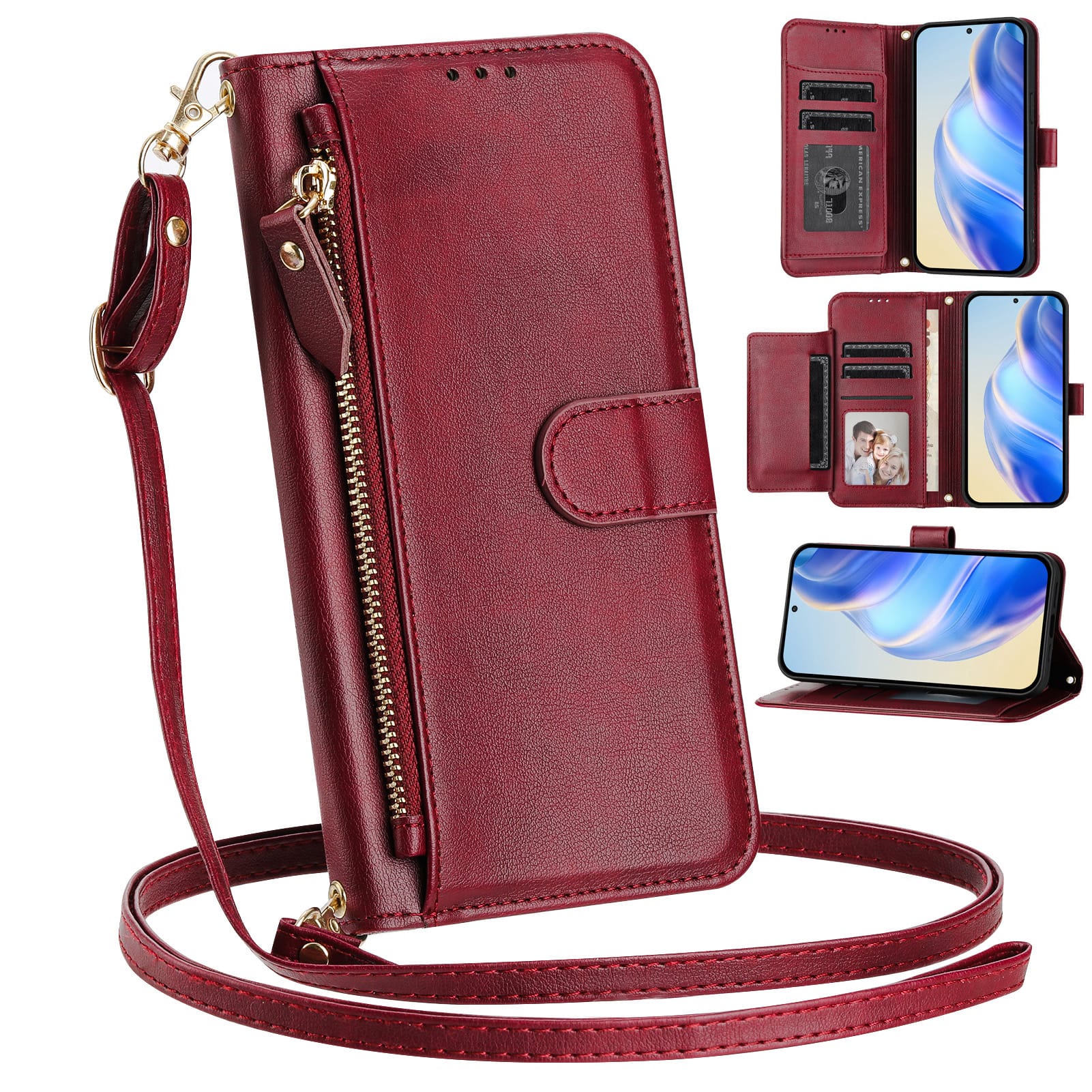 UUCOVER - Zipper Wallet Case for iPhone 17e / iPhone 16e Magnetic PU Leather Card Slots Stand Cover with Shoulder / Wrist Strap - Winered price history on PriceWatchPro