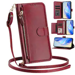 UUCOVER - Zipper Wallet Case for iPhone 17e / iPhone 16e Magnetic PU Leather Card Slots Stand Cover with Shoulder / Wrist Strap - Winered