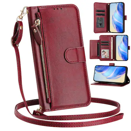 Front. UUCOVER - Zipper Wallet Case for Google Pixel 11 / 11 Pro Magnetic PU Leather Card Slots Stand Cover with Shoulder / Wrist Strap - Winered.