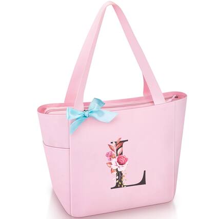 Front. DORLUKFU - Tote Bag, A-Z Initial Monogrammed Waterproof Tote Bag, Bridesmaid Gifts for Women, Black and Pink - Pink.