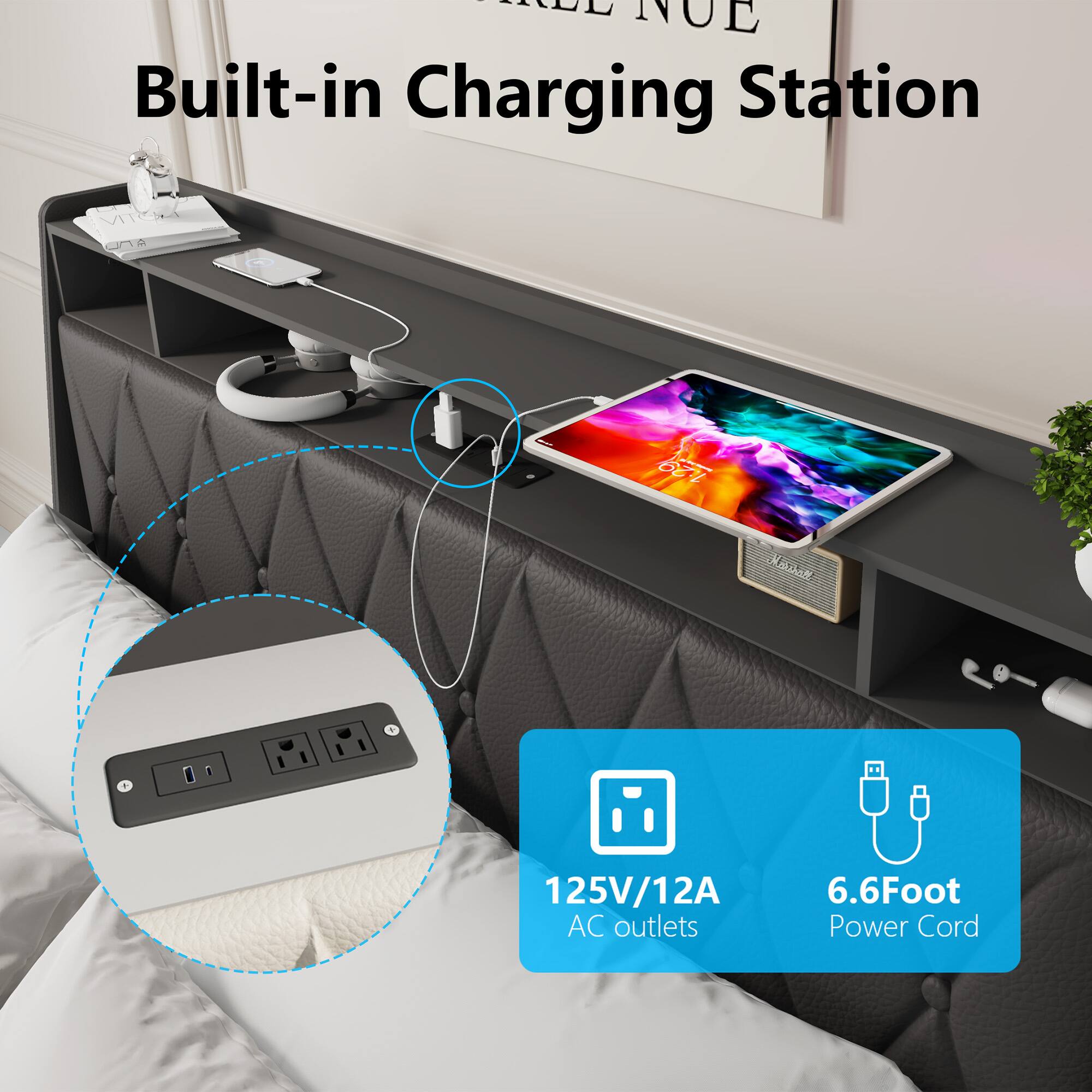 Built-in Charging Station

125V/12A AC outlets

6.6 Foot Power Cord