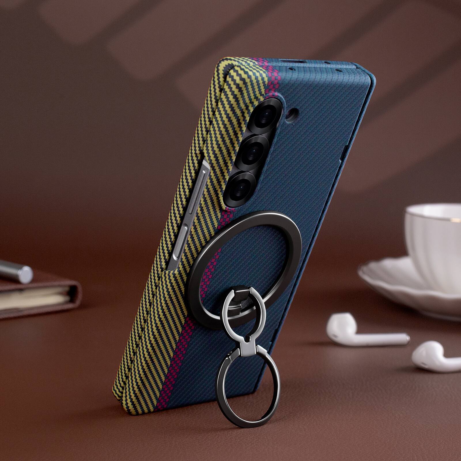 Left. Dteck - Strong Magnetic Case for Samsung Galaxy Z Fold 7 with Removable Ring Stand, Full Hinge Protection with Screen Cover - Blue.