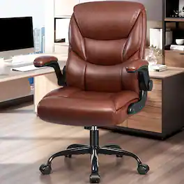 KERDOM - PU Leather Ergonomic Home Desk Chair, Tilt Swivel Mid Back Computer Chair Adjustable Height, Padded Flip-Up Armrests - Brown