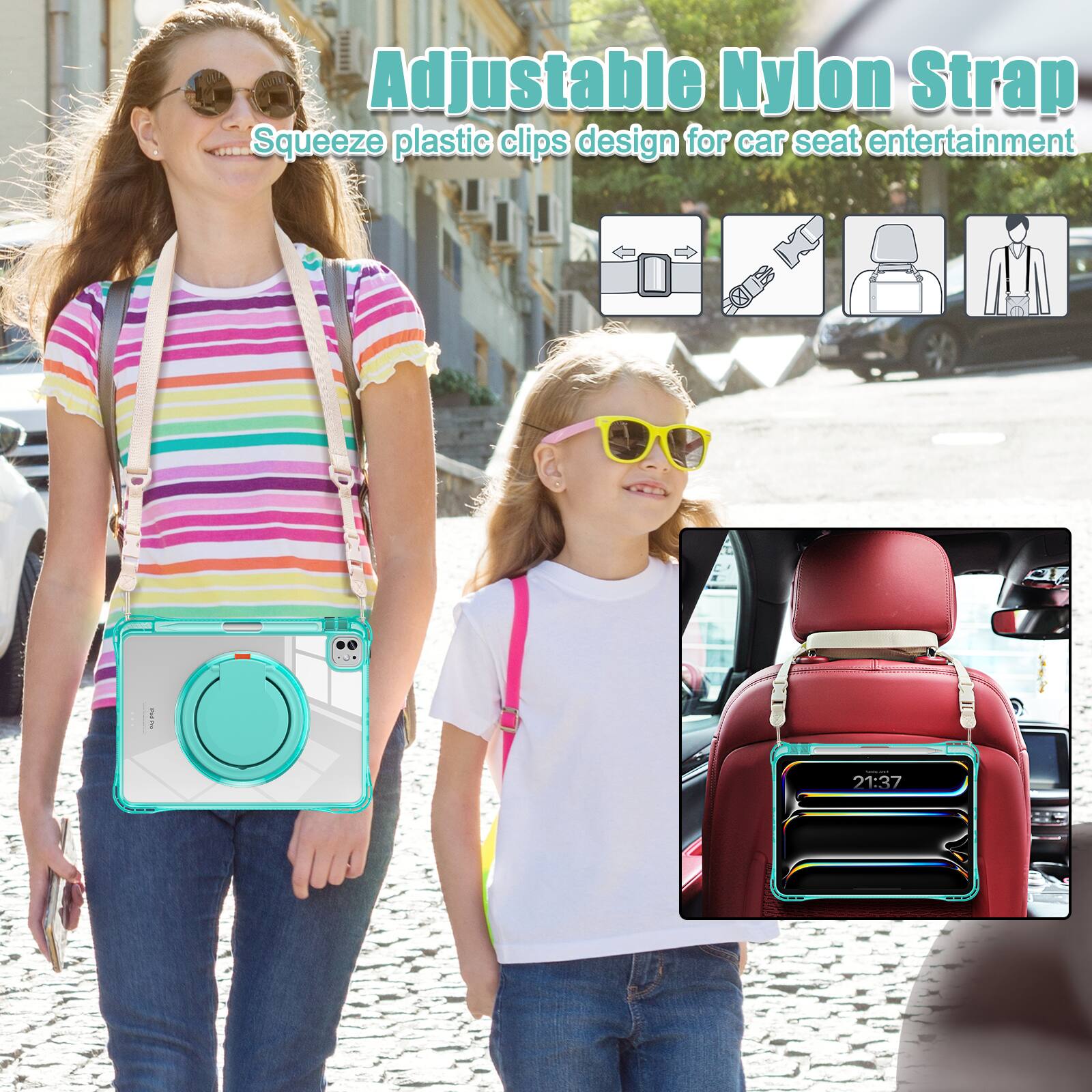Adjustable Nylon Strap  
Squeeze plastic clips design for car seat entertainment