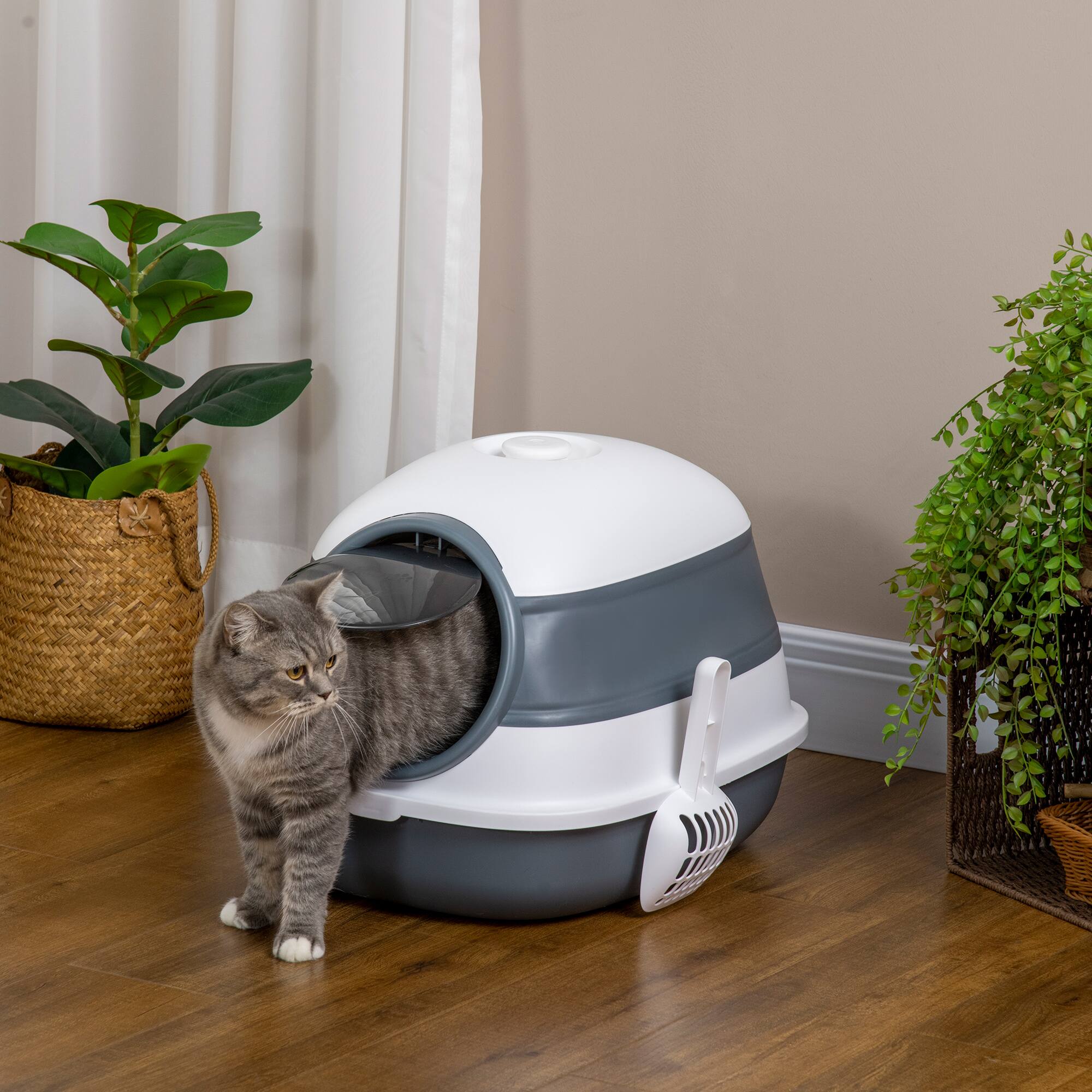 Angle. Pawhut - Cat Litter Box with Lid, Covered, High Sides, Air Freshener, Large Two-Way Entrance, Foldable, Easy Clean - White.