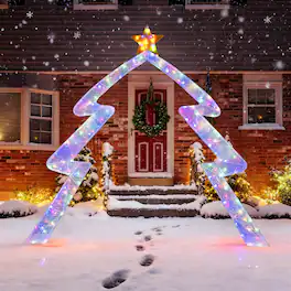 Costway - 8.8 FT Christmas Tree-shaped Archway with Top Star, Adjustable LED Lights,Zip Ties - White + Yellow
