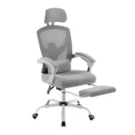 Bestier - Retractable Footrest Ergonomic Swivel Office Chair with Lumbar Support Pillow and Padded Armrests - Gray