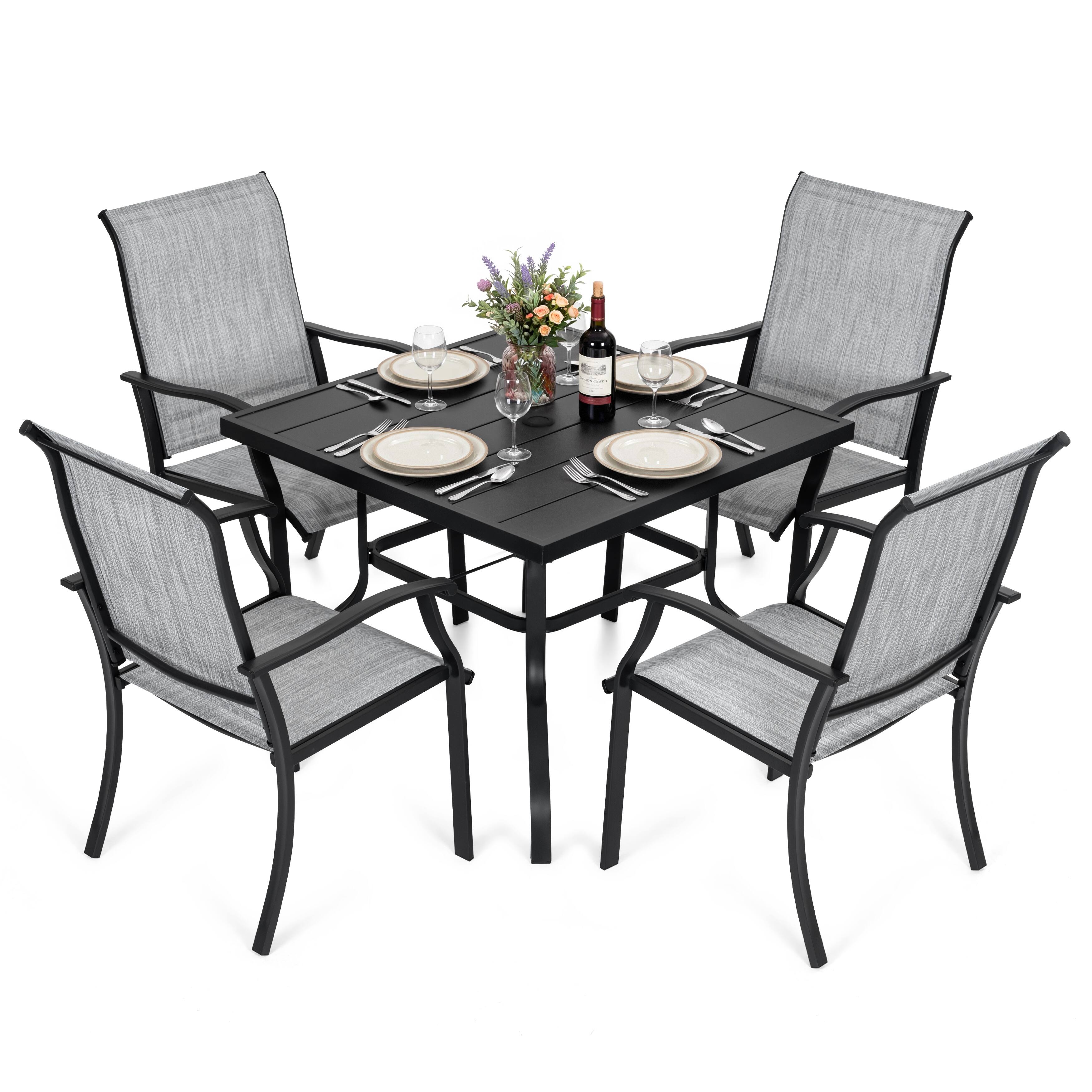 Alt View 6. Nuu Garden - 5-Piece Patio Textilene Dining Set with Umbrella Hole, Powder Coating - Black and Gray.