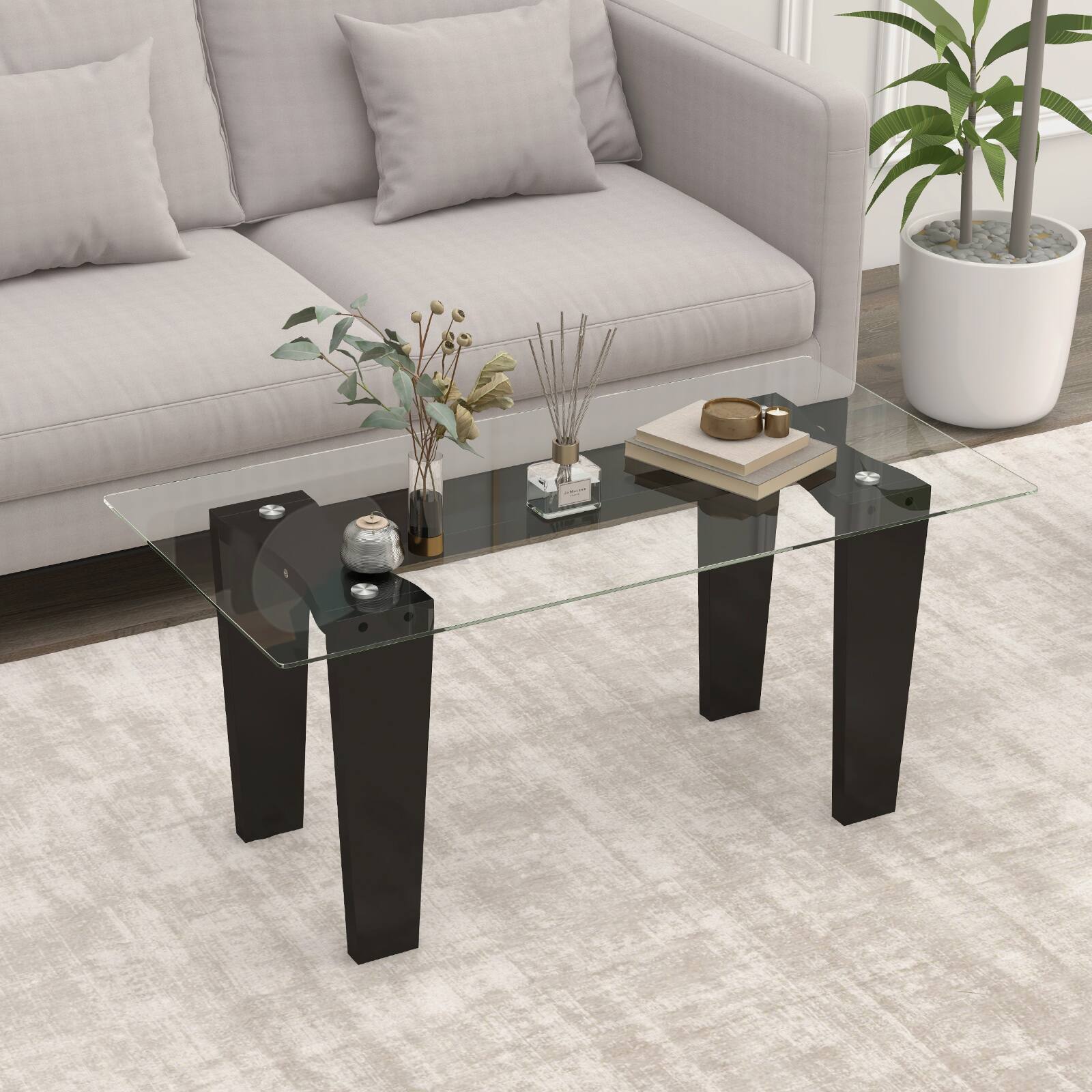 Alt View 7. Ecooso - 39.5 Inch Glass Coffee Table with Solid Rubber Wood Legs, Modern Rectangular Center Table - Black.