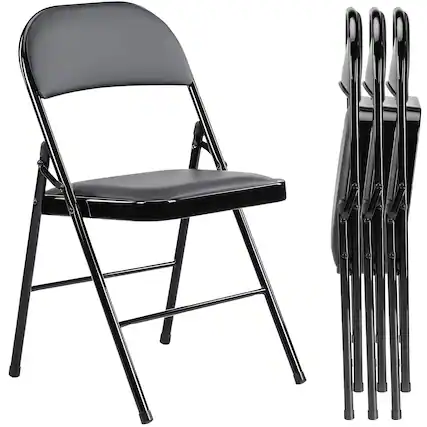 Front. AENKYO - 4 PCS Folding Chair Leather Padded Folding Chairs with Metal Frame for Home, Office, Party - Black.