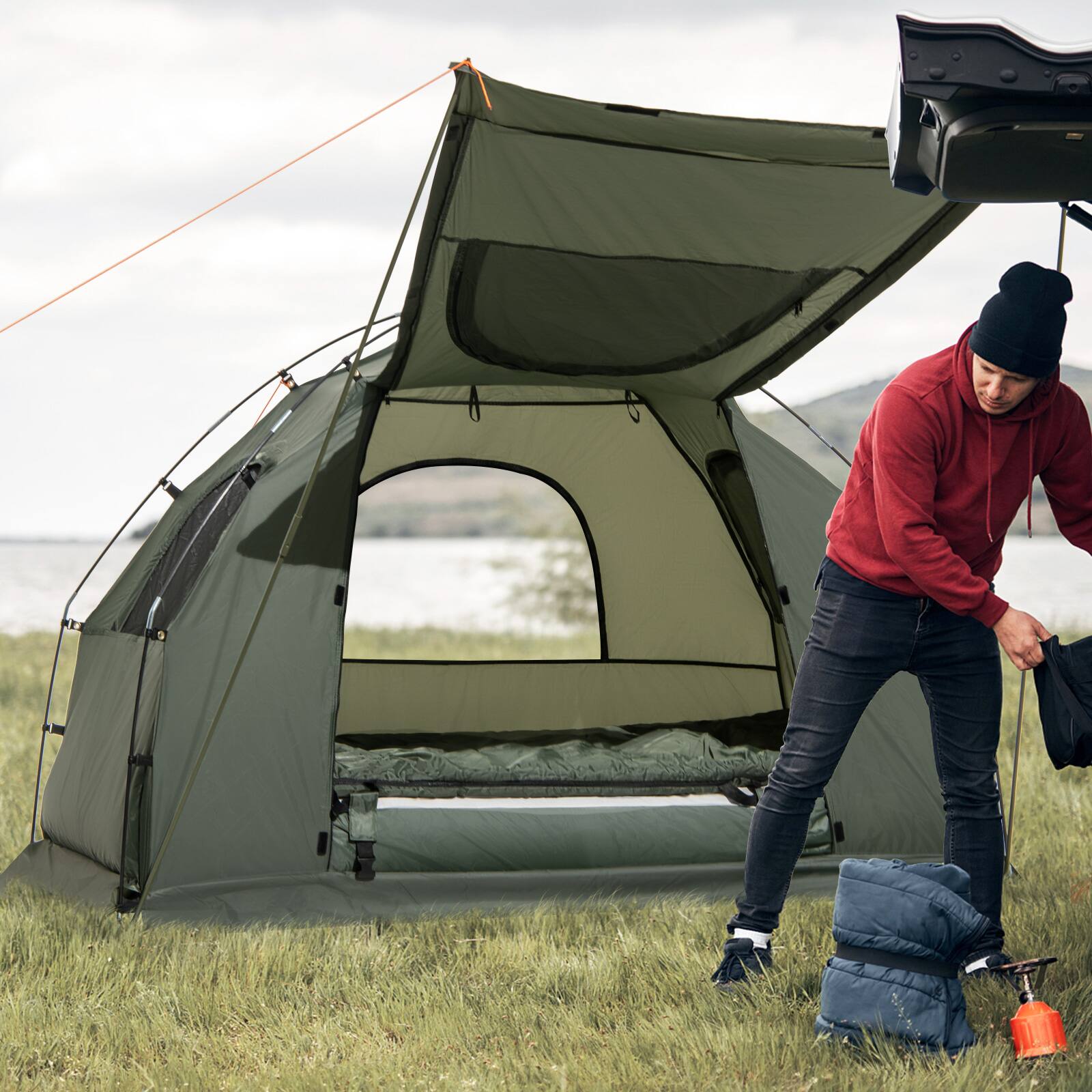 Back. GOPLUS - Goplus Tent Cot, 5-in-1 Folding Camping Cot with Mattress & Pillows, Sleeping Bags, Sunshade - Green.