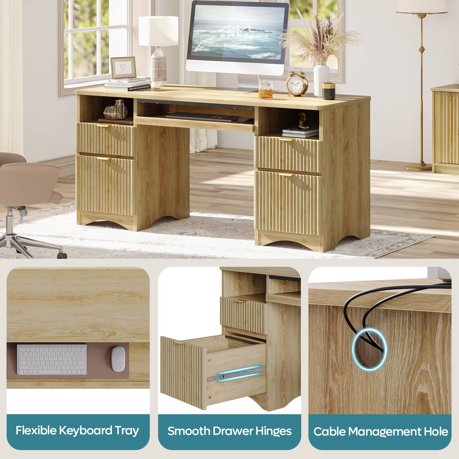 The image features a wooden desk with a keyboard and a monitor. The desk has a flexible keyboard tray, smooth drawer hinges, and a cable management hole. The desk is also equipped with a clock and a vase. The arrangement of the desk and its features make it a functional and organized workspace.