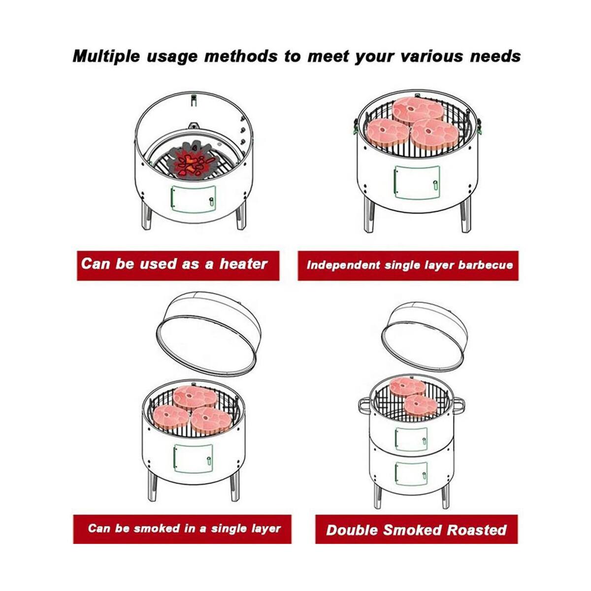 Multiple usage methods to meet your various needs

- Can be used as a heater
- Independent single layer barbecue
- Can be smoked in a single layer
- Double Smoked Roasted