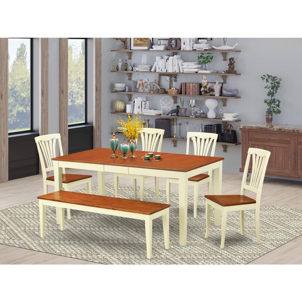 Alt View 2. East West Furniture - 6-Pc Dining room set- Kitchen dinette Table and 4 Kitchen Dining Chairs along with Bench - Buttermilk & Cherry.